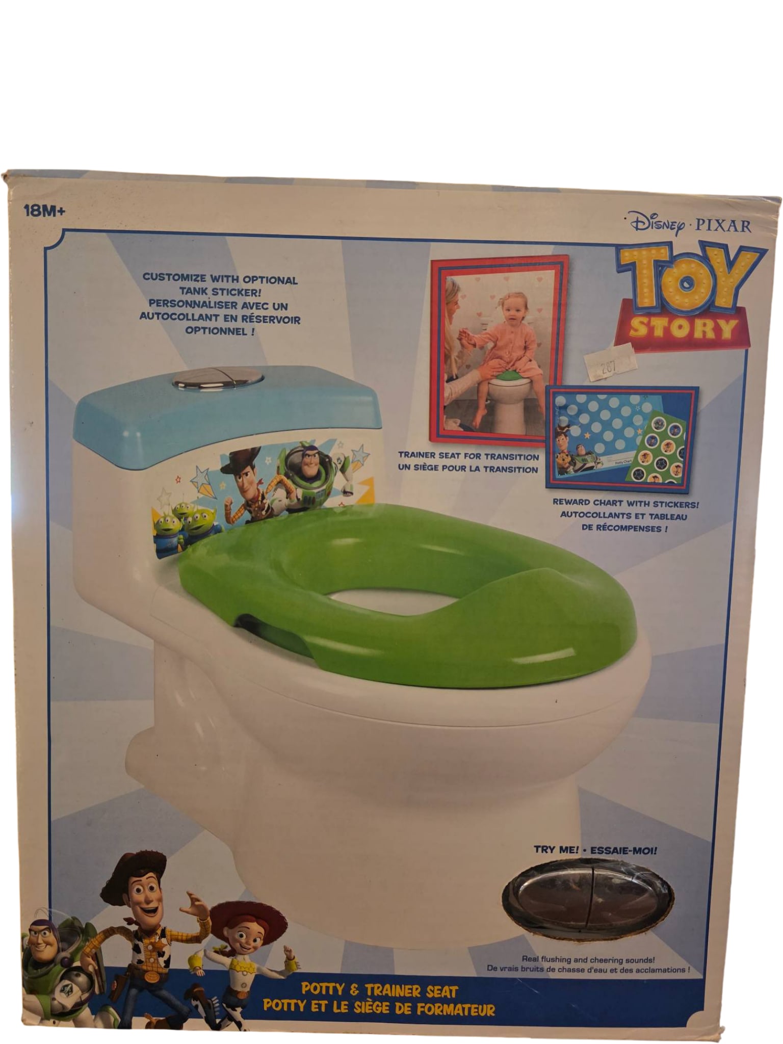 Disney Pixar Toy Story Potty & Trainer Seat with Sound Effects: A Disney Pixar Toy Story-themed potty and trainer seat featuring familiar characters from the franchise. Includes a green removable trainer seat and a simulated flush button with realistic flushing