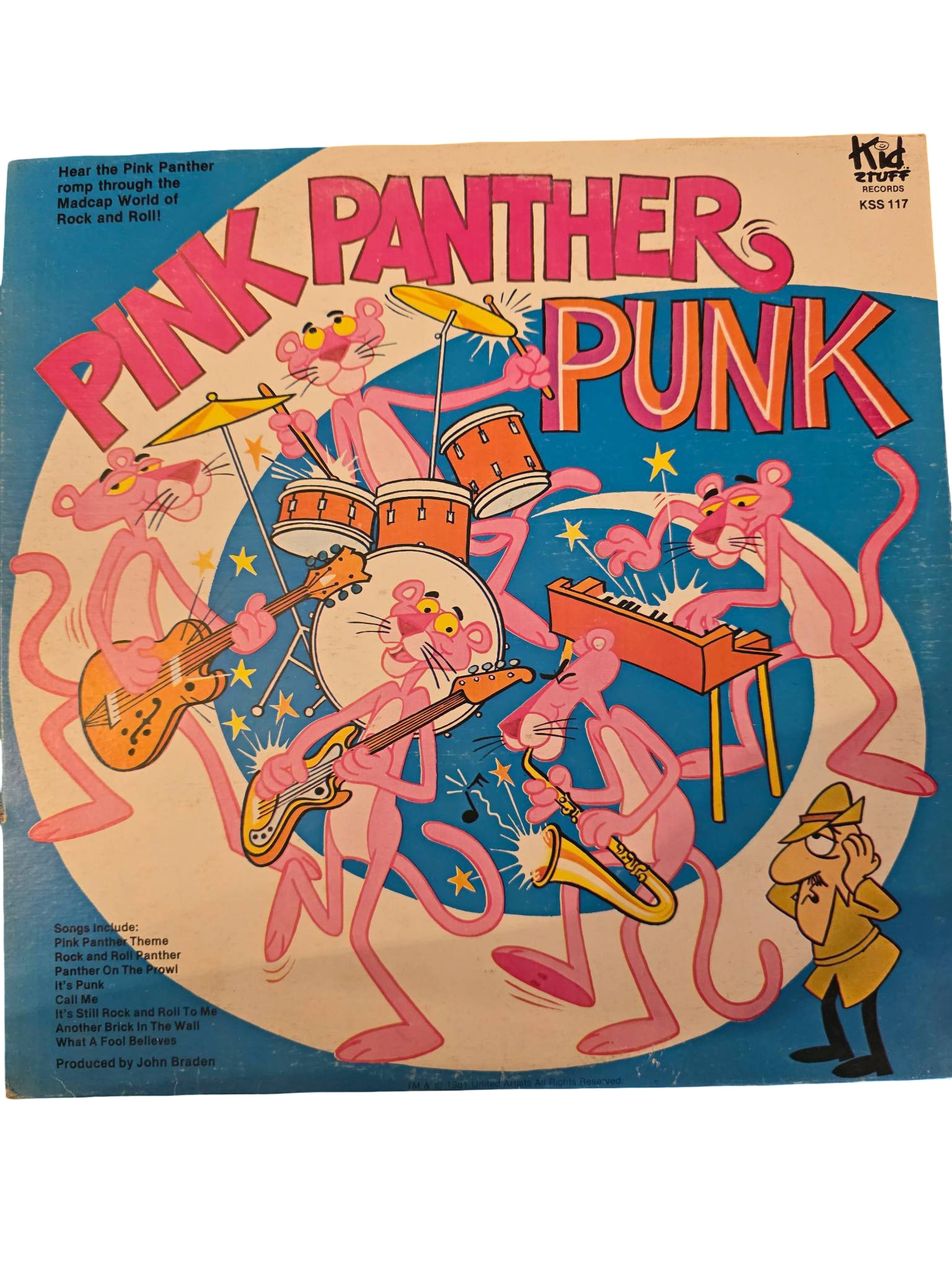 Pink Panther Punk Vinyl Album by Kid Stuff Records, Circa 1980: 12-inch vinyl record titled 'Pink Panther Punk,' released by Kid Stuff Records around 1980. Featuring cover art with Pink Panther playing various musical instruments. Back cover promotes imaginative