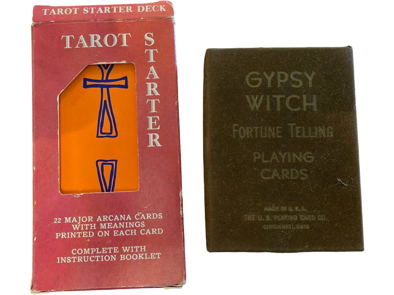 Tarot Starter Deck and Gypsy Witch Fortune Telling Playing Cards: Includes a Tarot Starter Deck of 22 Major Arcana cards with designs based on 18th-century Tarot de Marseilles woodcuts, printed in Switzerland by AGMüller. Comes with a 16-page instruction booklet