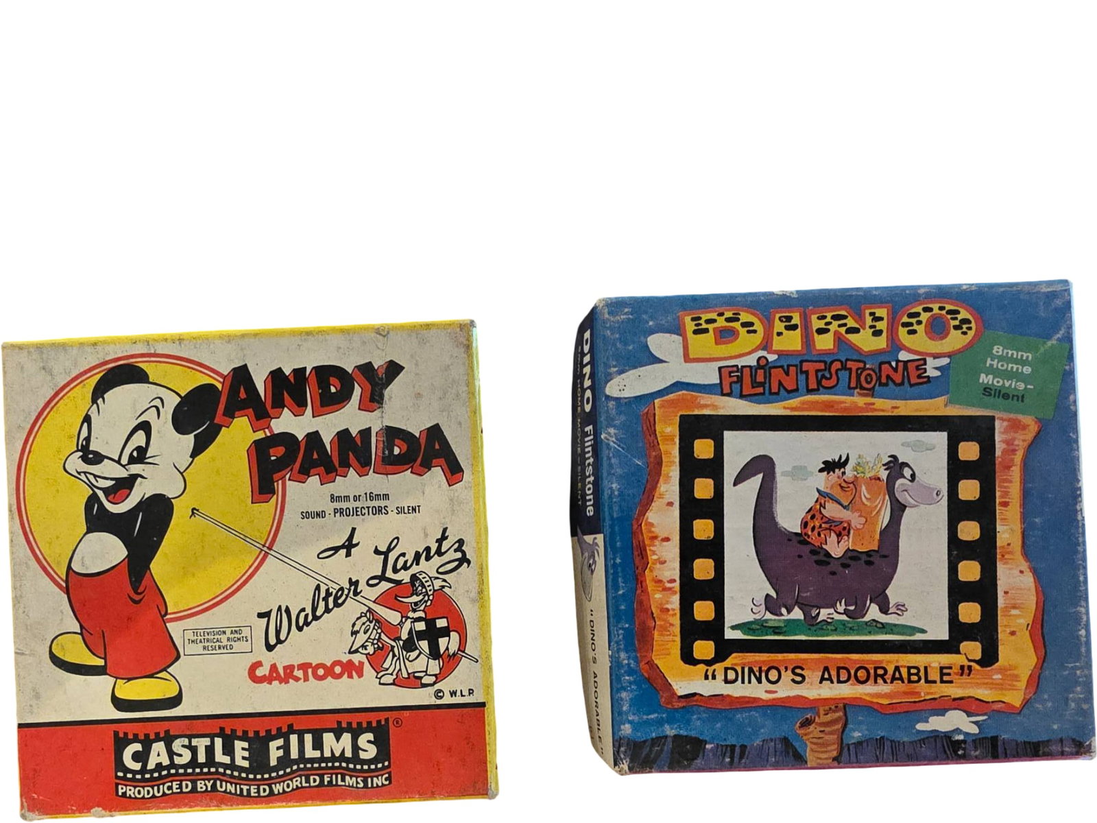 Vintage 8mm Film Reels: ‘Andy Panda’ and ‘Flintstones – Dino’s Adorable’: Two original 8mm film reels, one featuring 'Andy Panda' by Castle Films and the other titled 'Flintstones - Dino's Adorable.' Both reels include their original cardboard packaging. Boxes display print