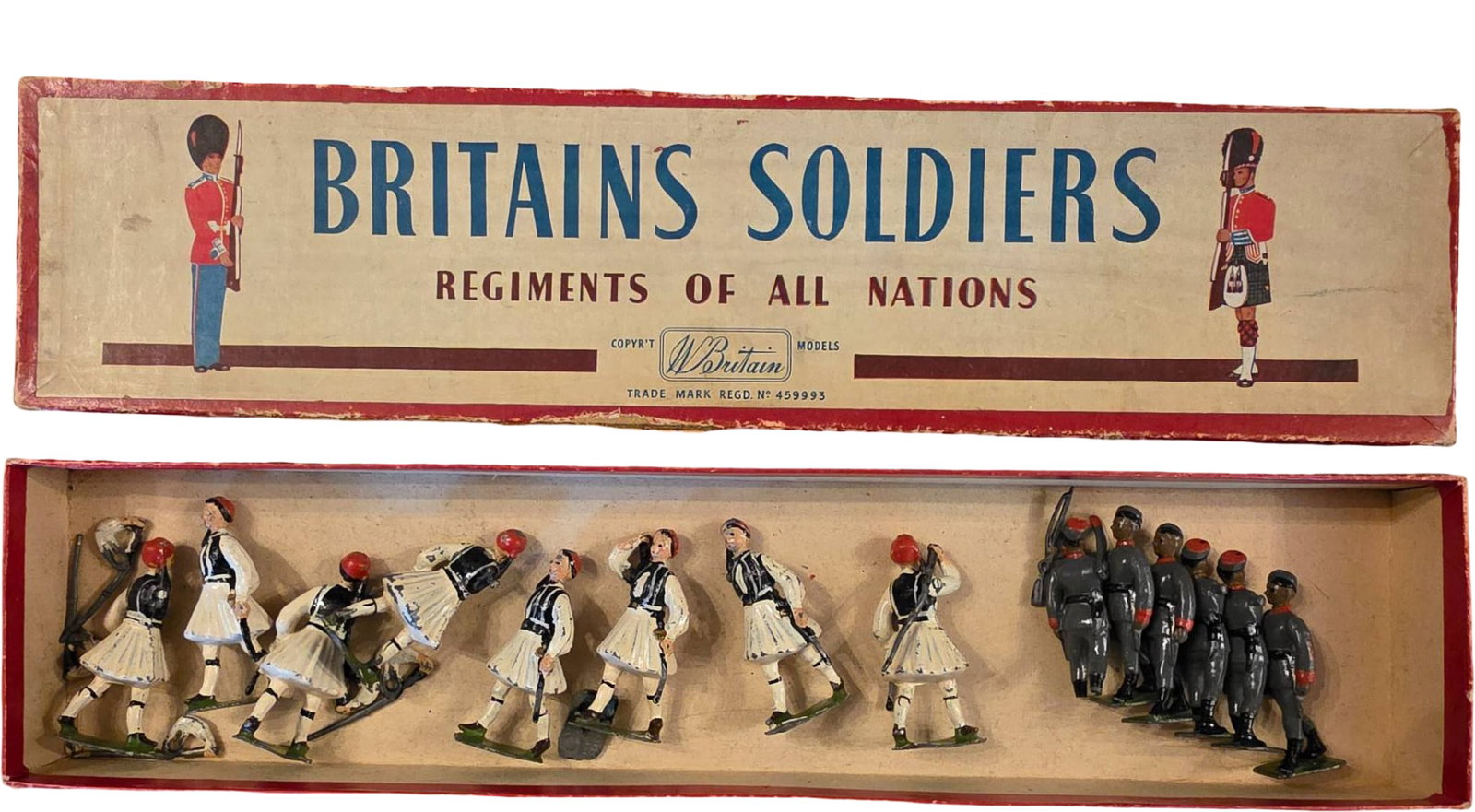 Fourteen Britains Soldiers ‘Regiments of All Nations’ Lead Toy Soldier Set: Boxed set of lead toy soldiers by Britains, featuring the ‘Regiments of All Nations’ series. Includes 14 hand-painted metal figures: 8 soldiers in white uniforms with red fezzes and 6 in gray unif