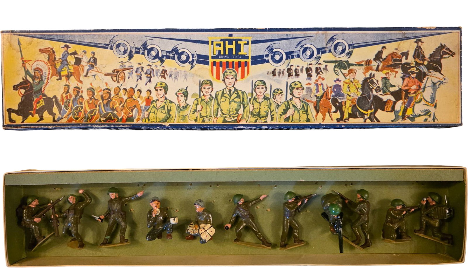 Eleven Boxed Set of Tru-Size Hand-Painted Metal Military Figures: A boxed set of 11 Tru-Size metal figures depicting military personnel in combat poses. The figures are artistically hand-painted and housed in a labeled original box featuring colorful illustrations