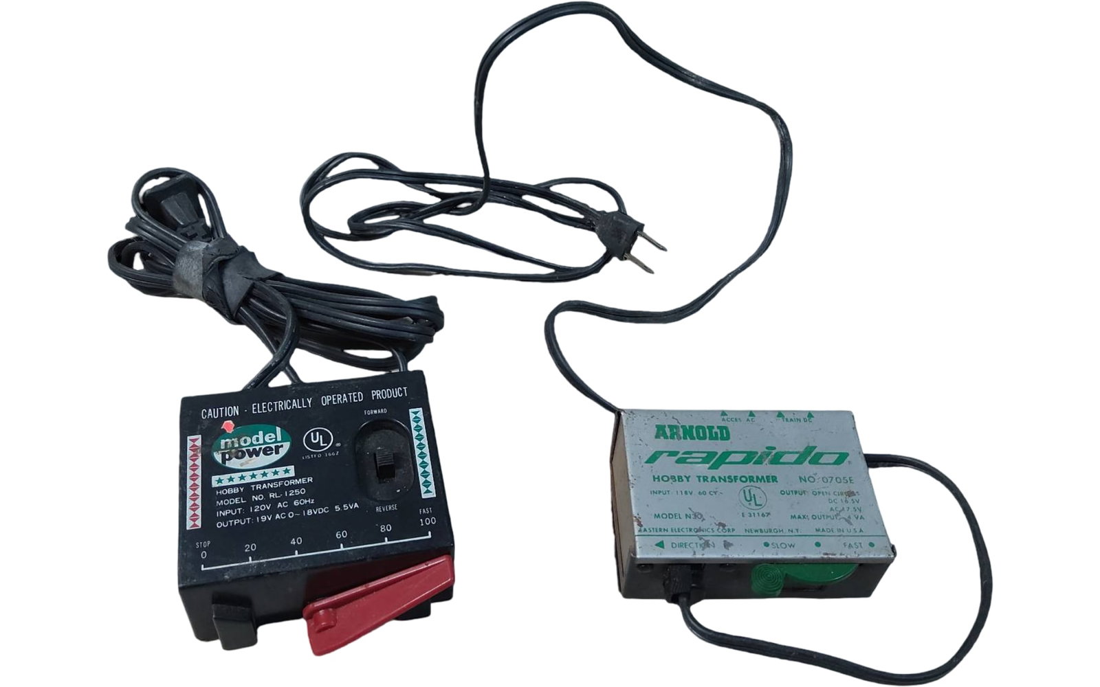 Two Model Train Power Transformers: Model Power RL-1250 and Arnold Rapido No. 6705E: Includes a Model Power hobby transformer (Model RL-1250) with an input of 120V AC at 60Hz and output of 19V AC - 18V DC 5.5VA, and an Arnold Rapido hobby transformer (No. 6705E) with an input of 115V