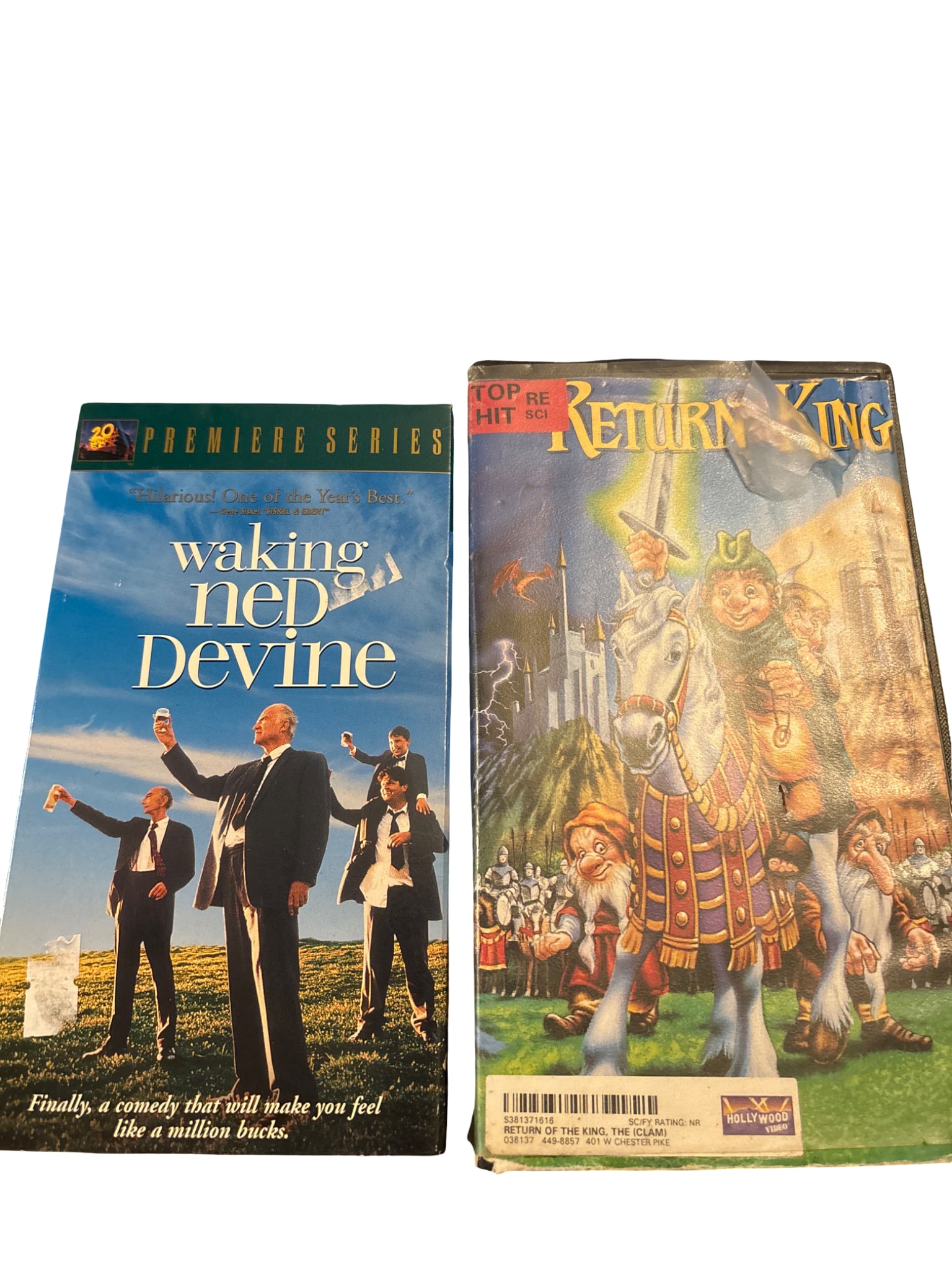 Two VHS Tapes: ‘Waking Ned Devine’ and Animated ‘Return of the King’: VHS tapes including ‘Waking Ned Devine’ (Premiere Series), a comedy film, and ‘Return of the King,’ an animated adaptation of J.R.R. Tolkien’s work. Both feature original cases with