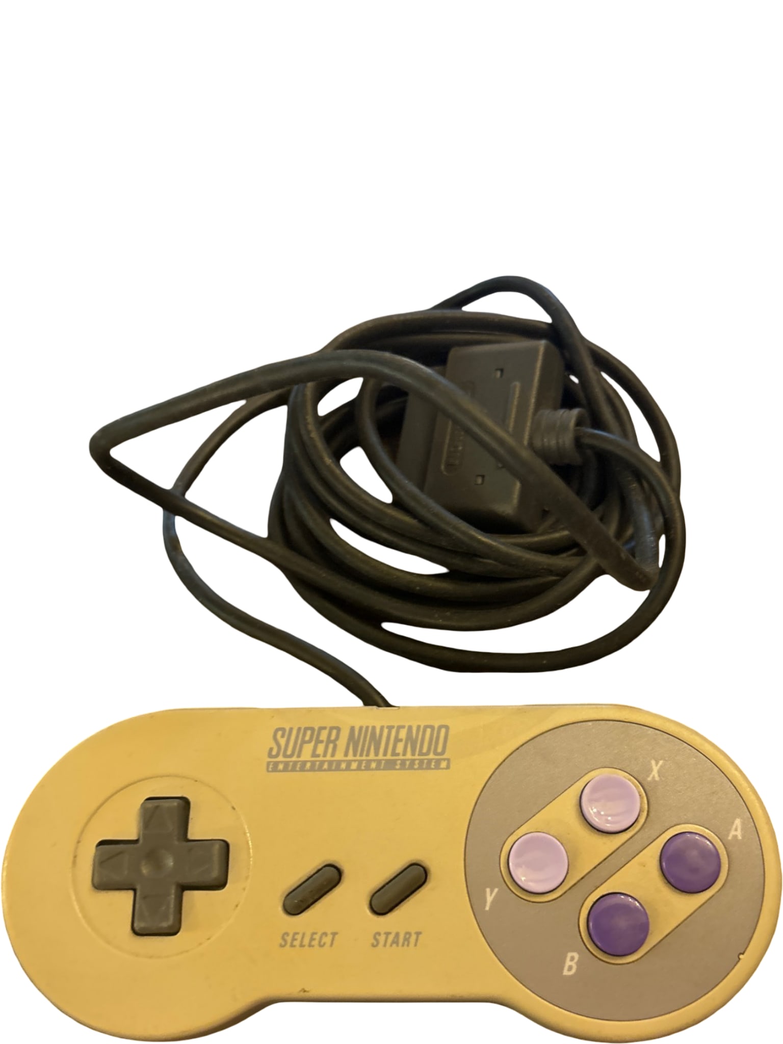 Nintendo Super NES Controller with Cable: Original wired controller for the Super Nintendo Entertainment System (SNES). Features a classic button layout, including a D-pad, Select and Start buttons, and A, B, X, Y buttons. Model number SNS-00