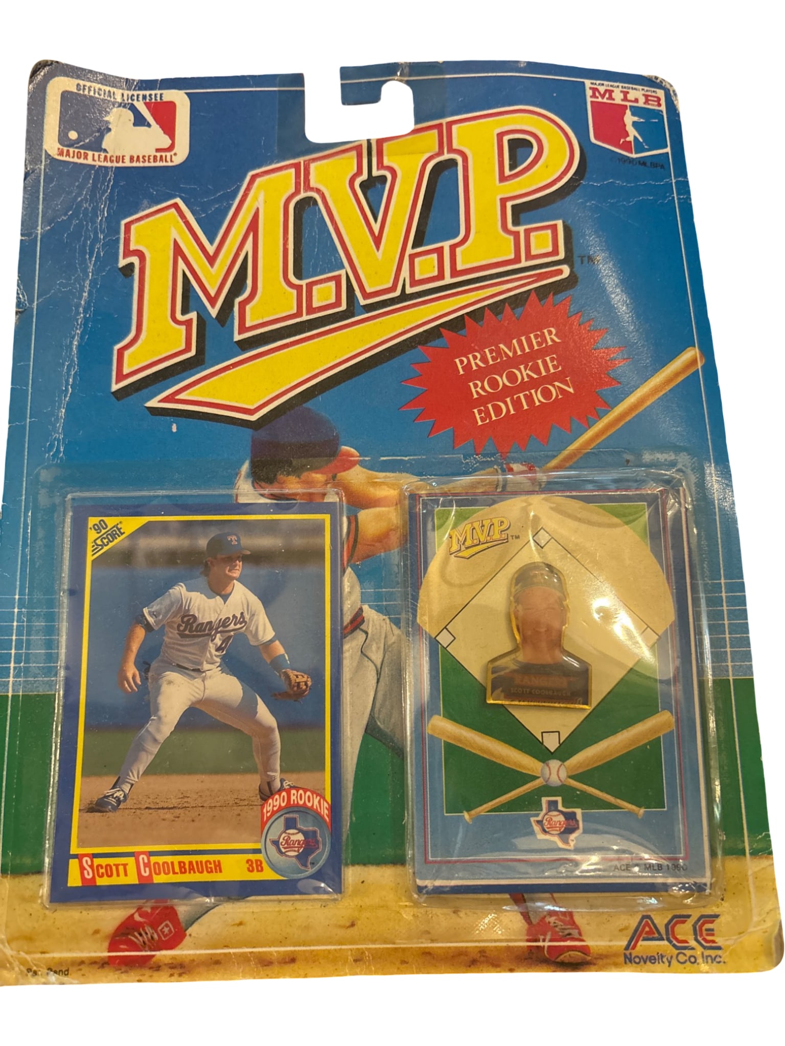 1990 ACE MVP Premier Rookie Edition Scott Coolbaugh Collectible Card and Pin Set: Factory-sealed 1990 ACE MVP Premier Rookie Edition collectible set featuring Scott Coolbaugh. Includes a trading card and a plastic display pin shaped like a baseball field. Manufactured by ACE