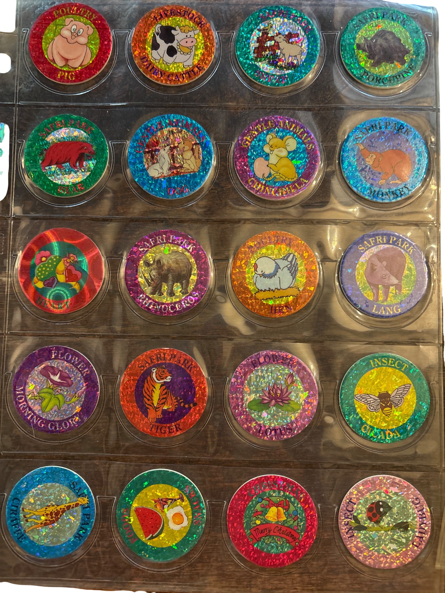 Holographic Animal-Themed Pogs in Protective Sleeves: 60 holographic Pogs featuring various animal and fantasy-themed graphics, including Safari Park designs. The Pogs are displayed in clear protective sleeves. Designs include lions, dragons, insects, an