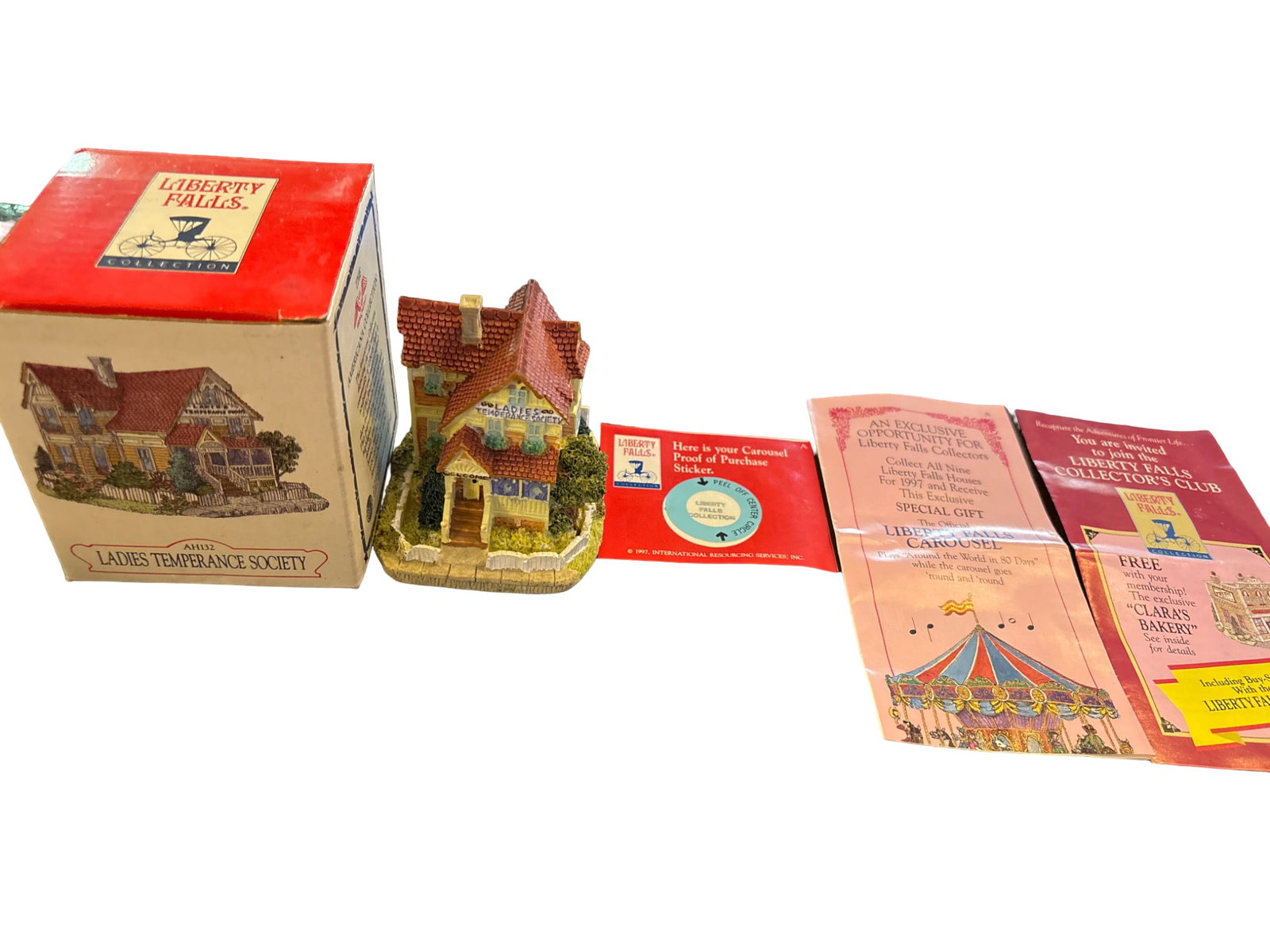 Liberty Falls Americana Collection ‘Ladies Temperance Society’ Figurine with Original Box and: Liberty Falls Americana Collection miniature ceramic figurine, ‘Ladies Temperance Society’ (AH132), includes the original hand-painted building, original box with detailed narrative and branding, 