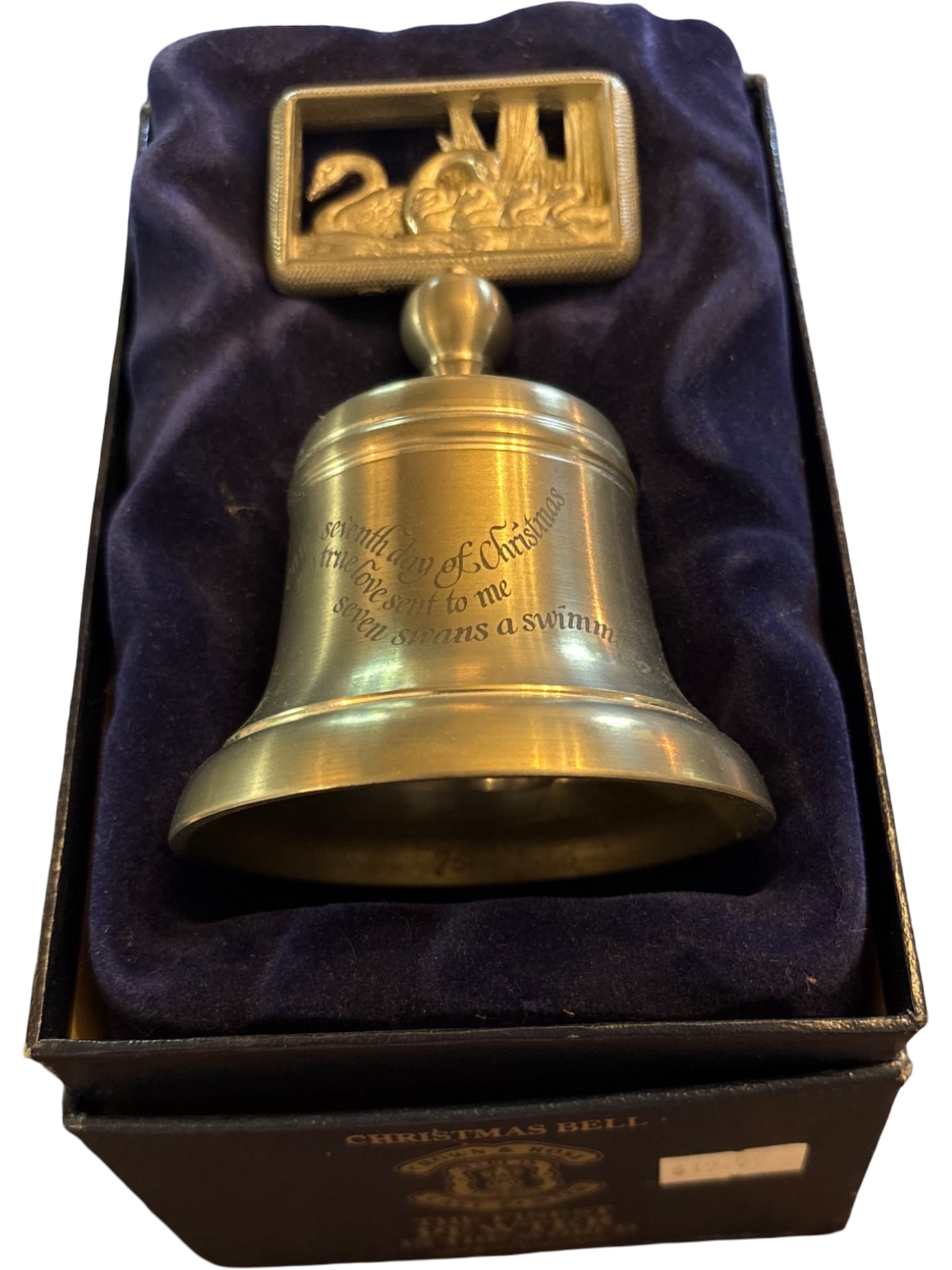 Crown & Rose English Pewter Christmas Bell, 2001: Christmas bell crafted from fine pewter by Crown & Rose of England, dated 2001. Features an engraved inscription referencing 'Seven Swans a Swimming' from the '12 Days of Christmas' and an ornamented 