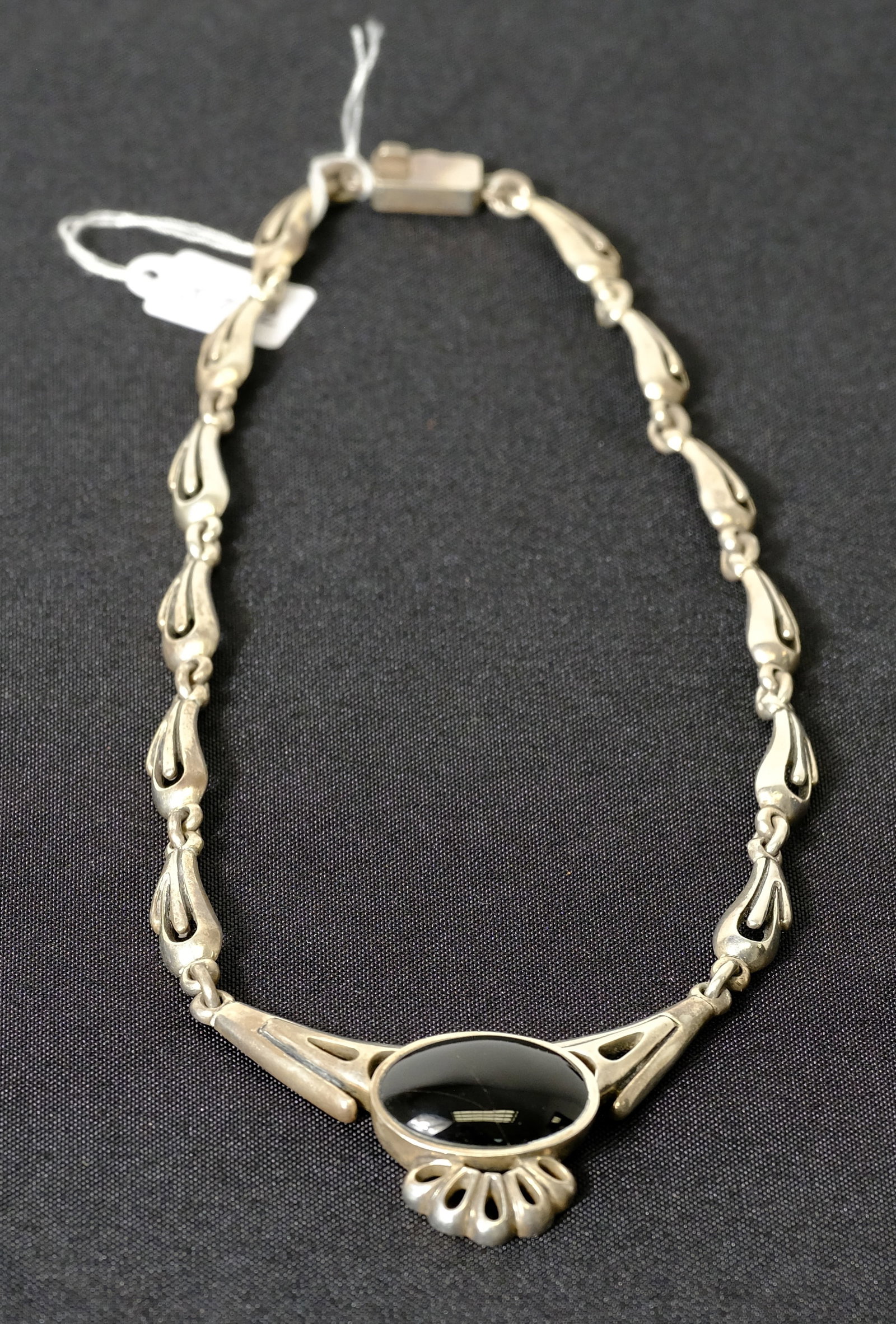 1950’s Margot de Taxco necklace: Silver and onyx necklace 17 1/2 inches long by 2 3/4 inches wide