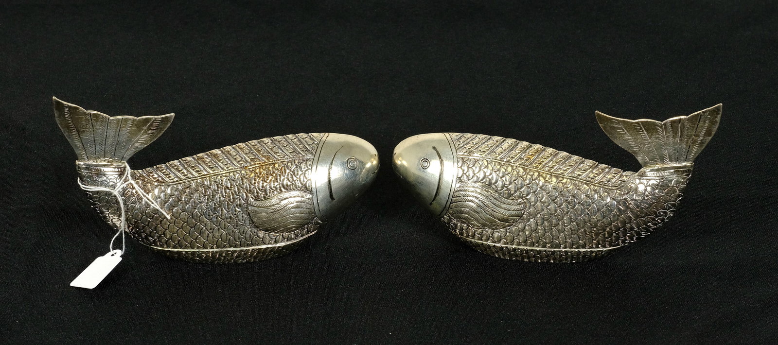 Pair of Antique French Silver Fish: Pair Antique Sterling silver French Silver Fish H. 3 1/4 W 5 1/2 in. Each