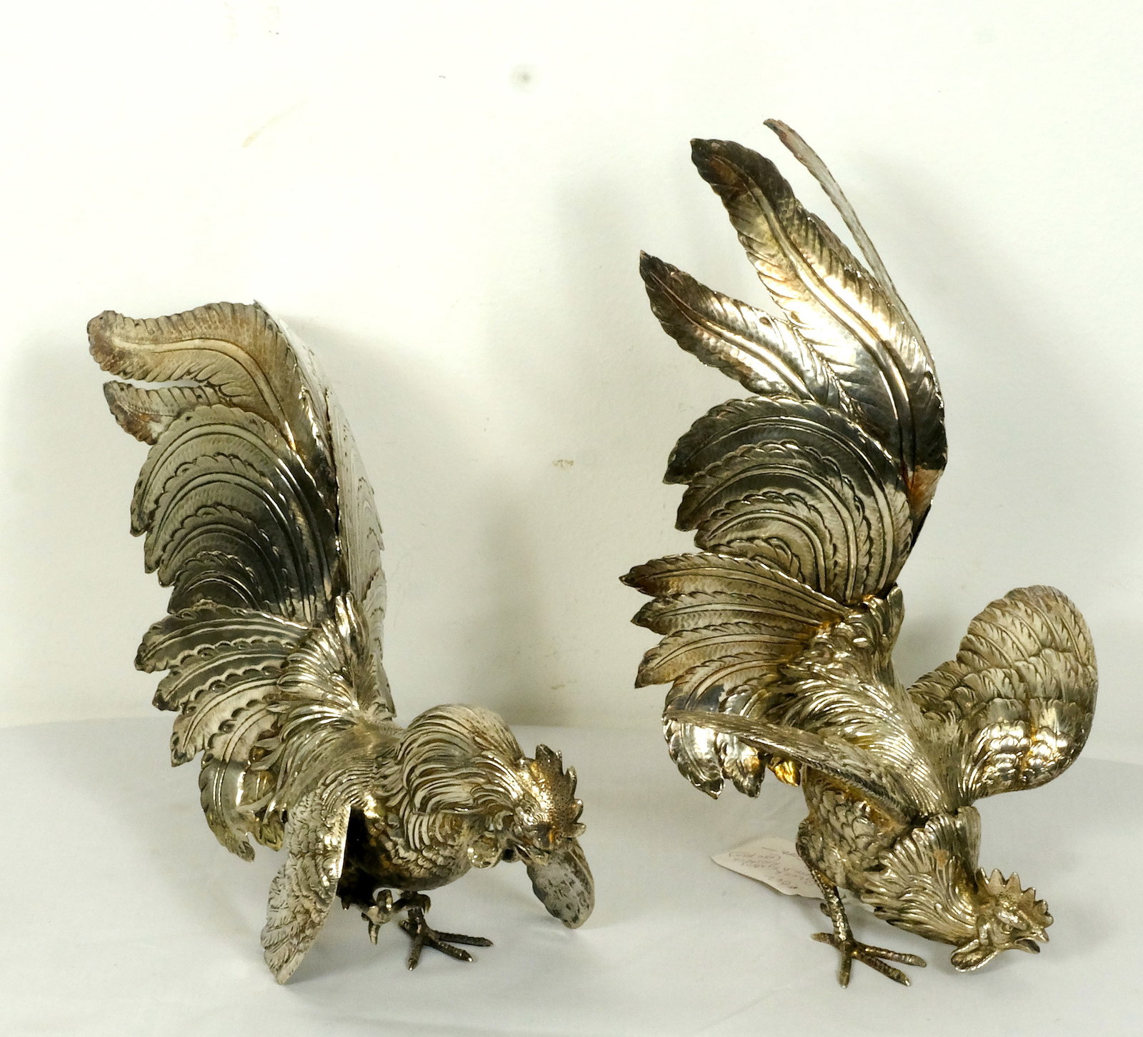 Pair of Antique Silver Fighting Roosters: A Pair Of Antique French Silver Fighting Roosters Taller: H 11 x Wingspan W 7 3/4 in.