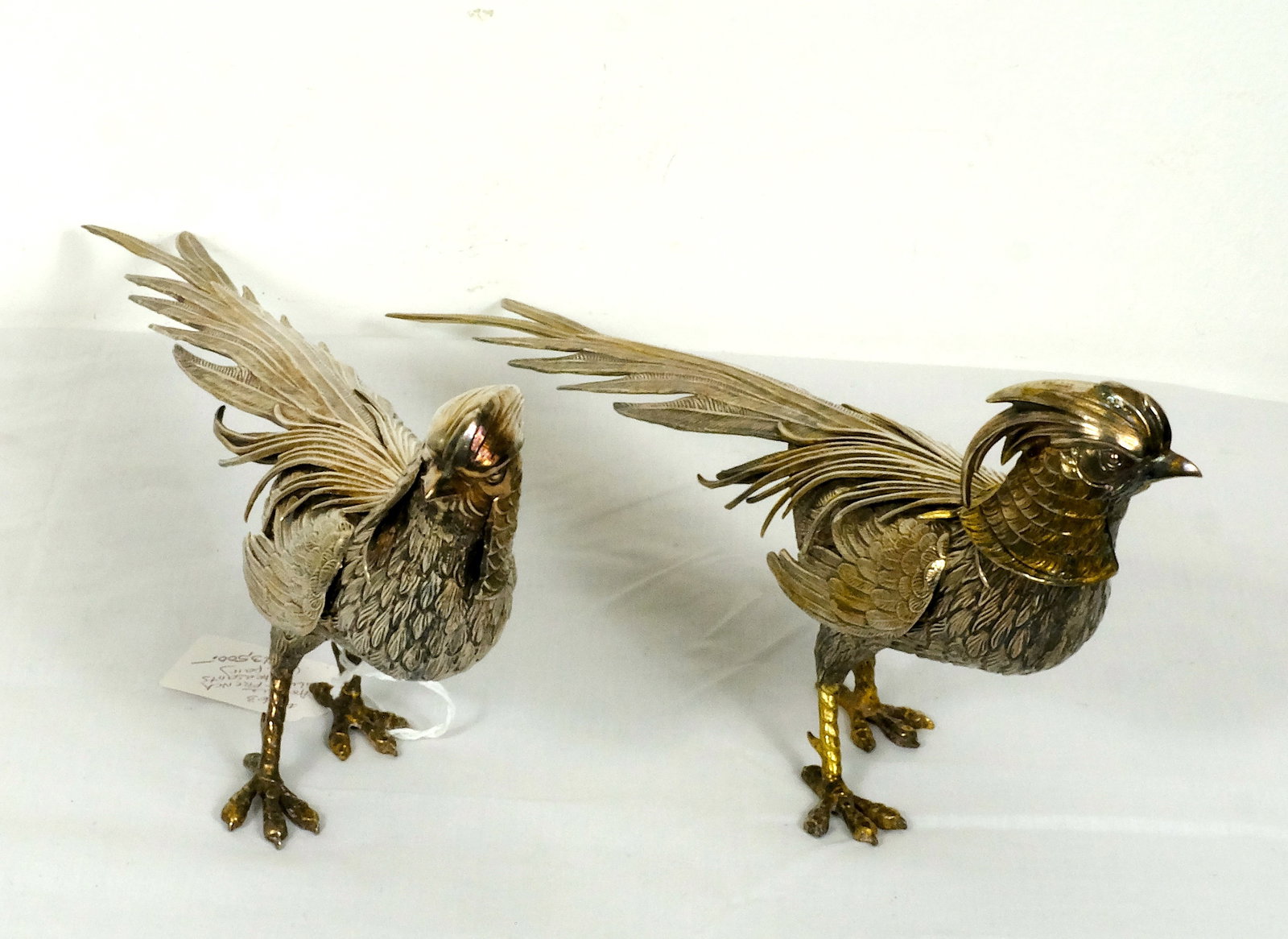 Pair of Silver Pheasants: Antique Pair of Sterling silver French Pheasants H 6 1/4 x Beak to tail 15 1/4 in. Each