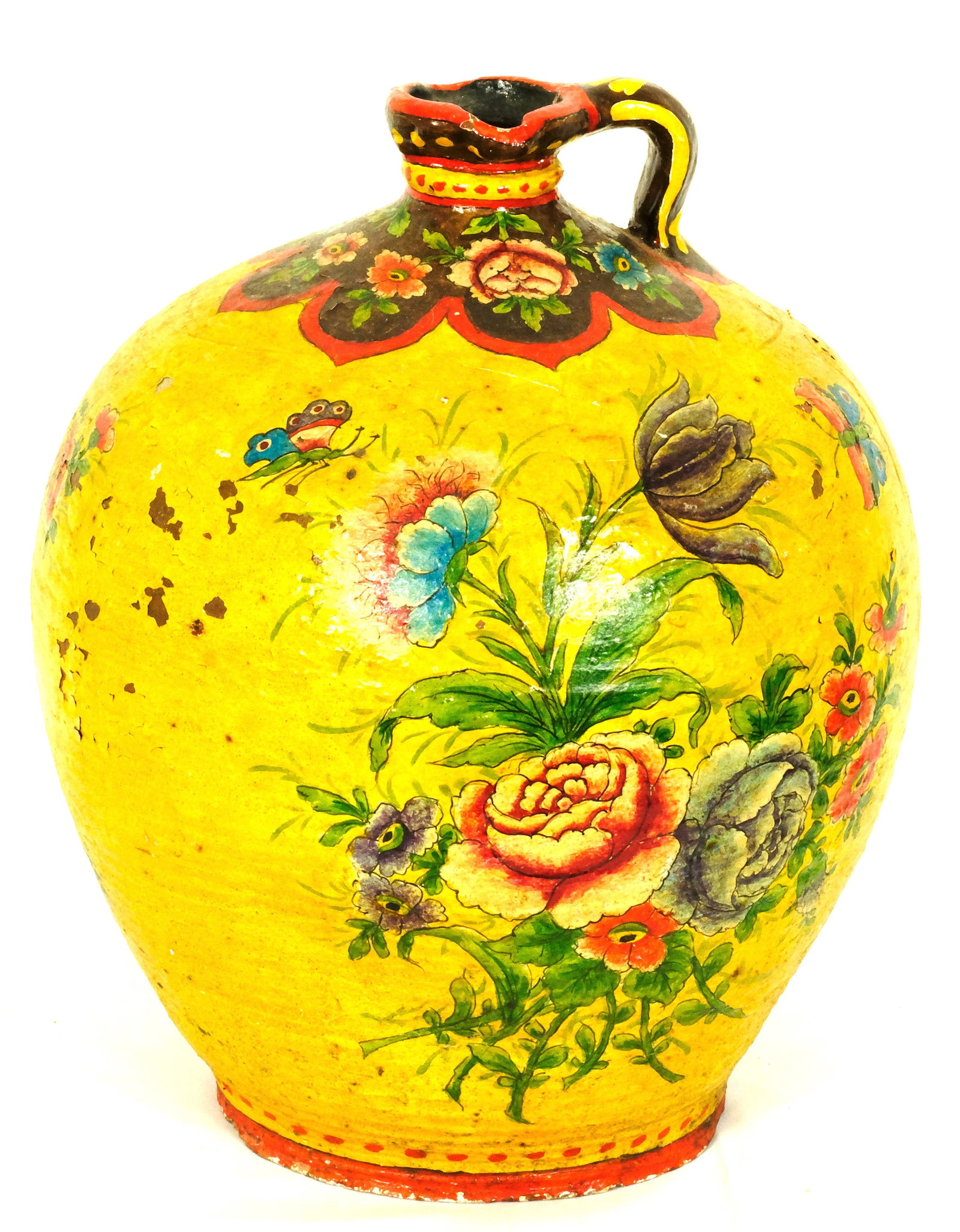 Antique Butter Yellow Terracotta Jug: Antique Handpainted butter Yellow Terracotta Jug decorated with floral and butterflies designs20 inches Tall by 16 inches wide by 16 inches deep