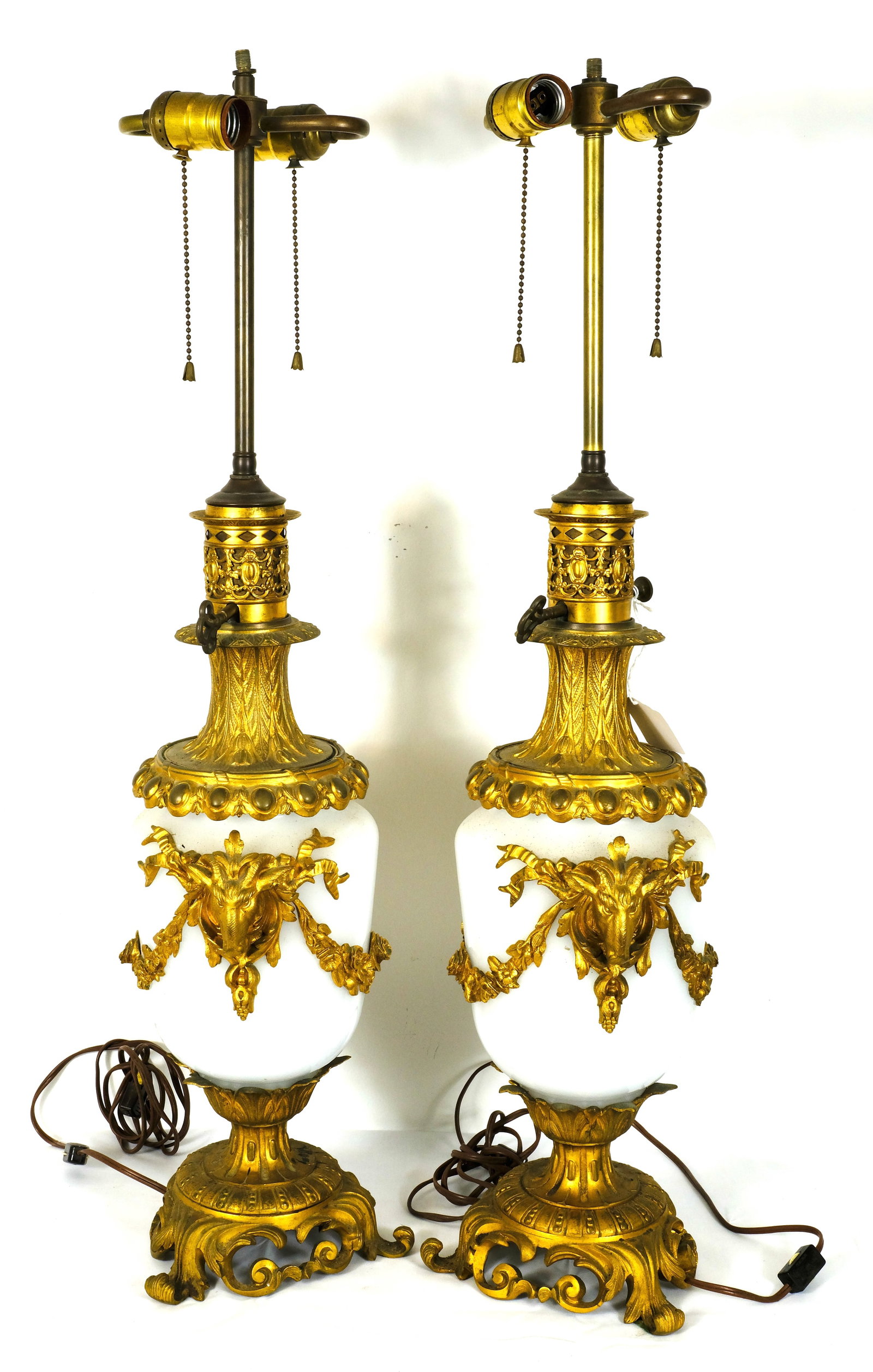 Pair of Antique Ram's heads lamps (1 of 2)