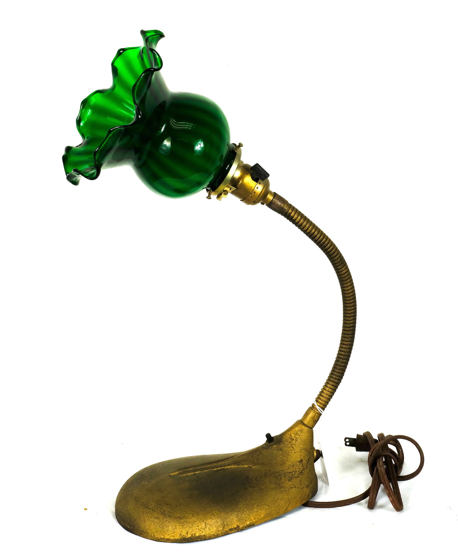 Gooseneck desk lamp with fluted green shade: 1940's /50's Gooseneck desk lamp with fluted green shade H 19 3/4 x W 13 in.