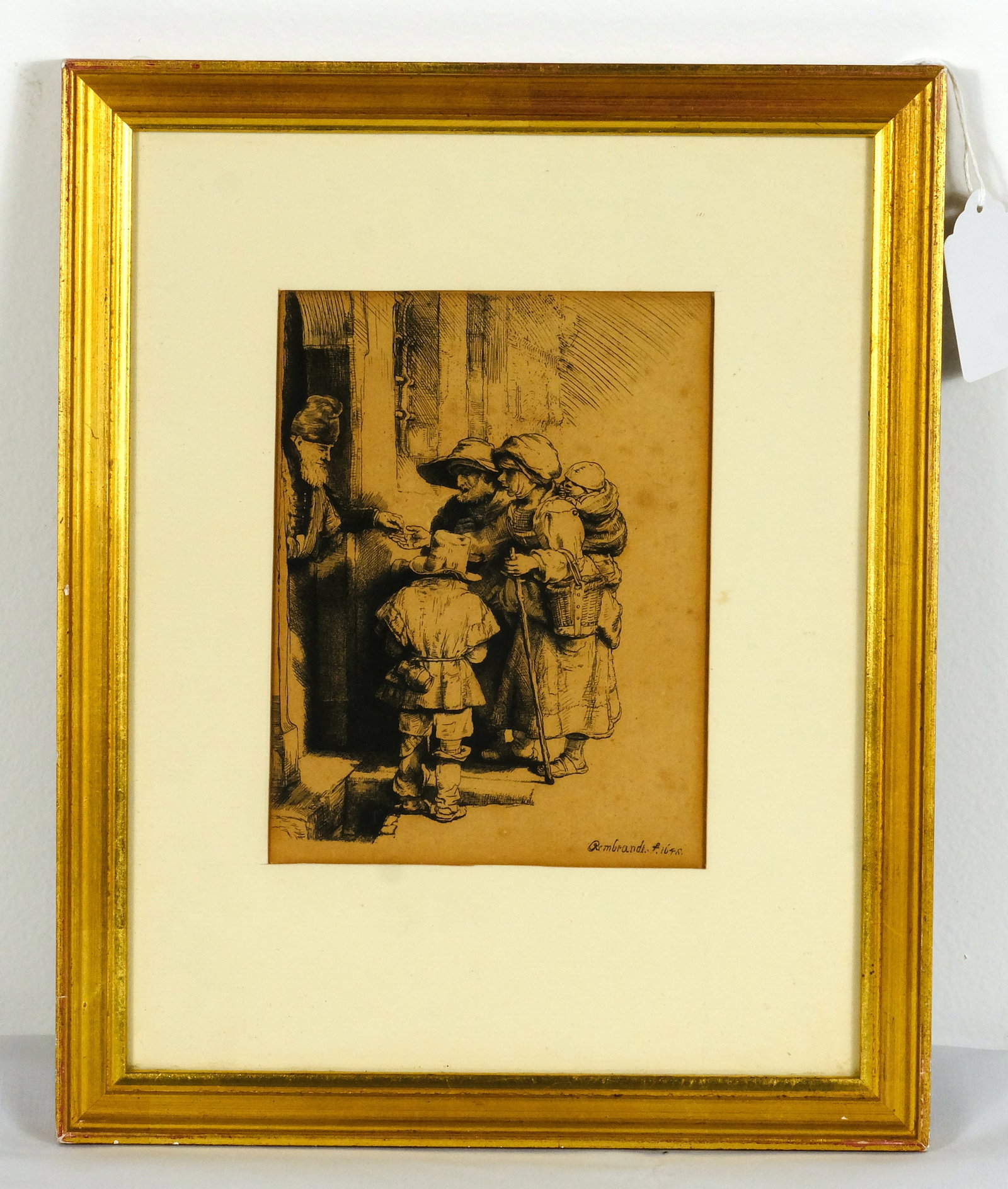 Rembrandt etching: Rembrandt etching, "Beggars Receiving Alms" H 6 1/2 x W 5 in. (sight size) H 12 1/4 x W 10