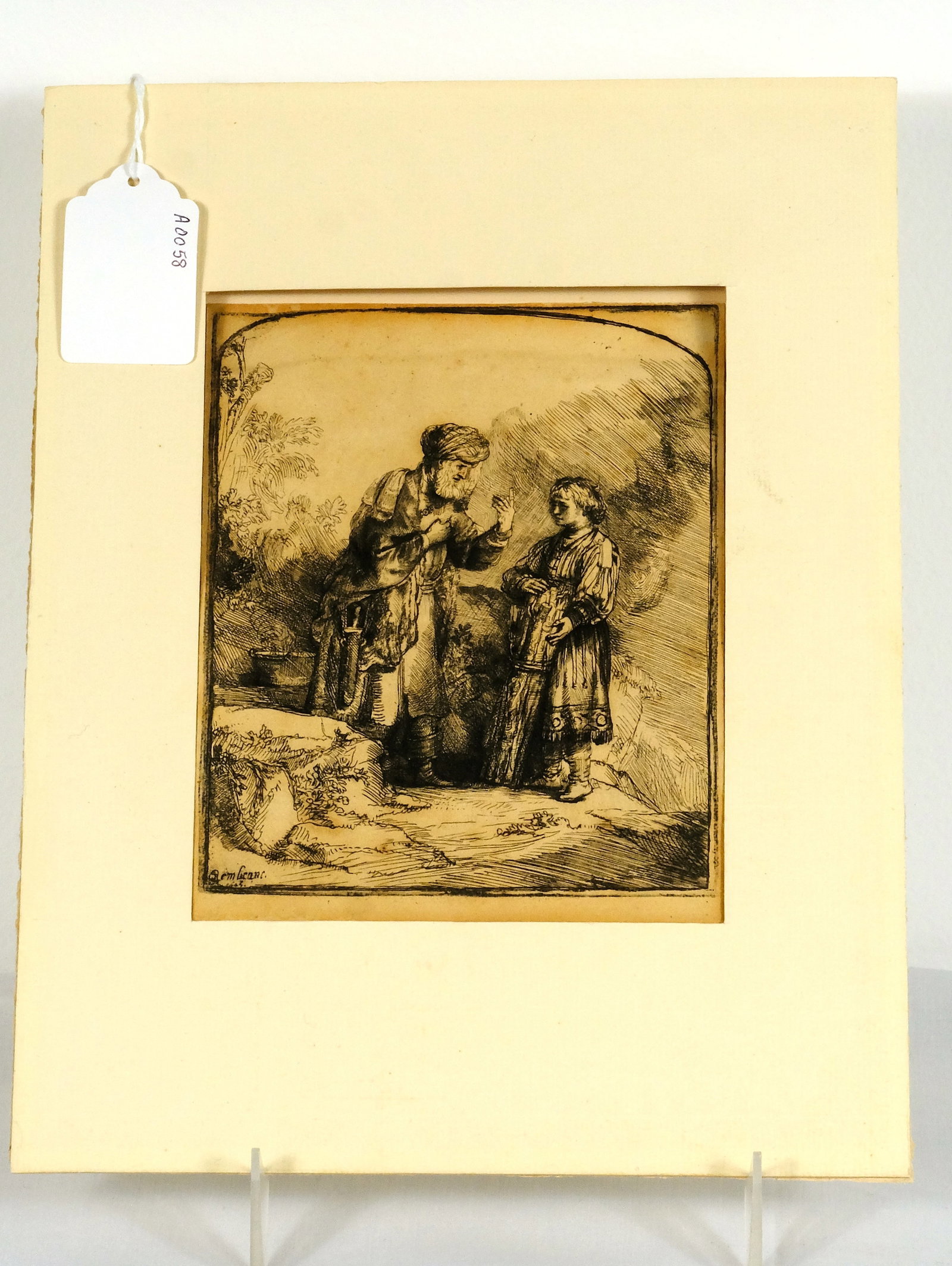 Rembrandt etching: Rembrandt etching, "Abraham and Isaac H 6 1/2 x W 5 5/16 in.( sheet) H 6 3/16 x W 5