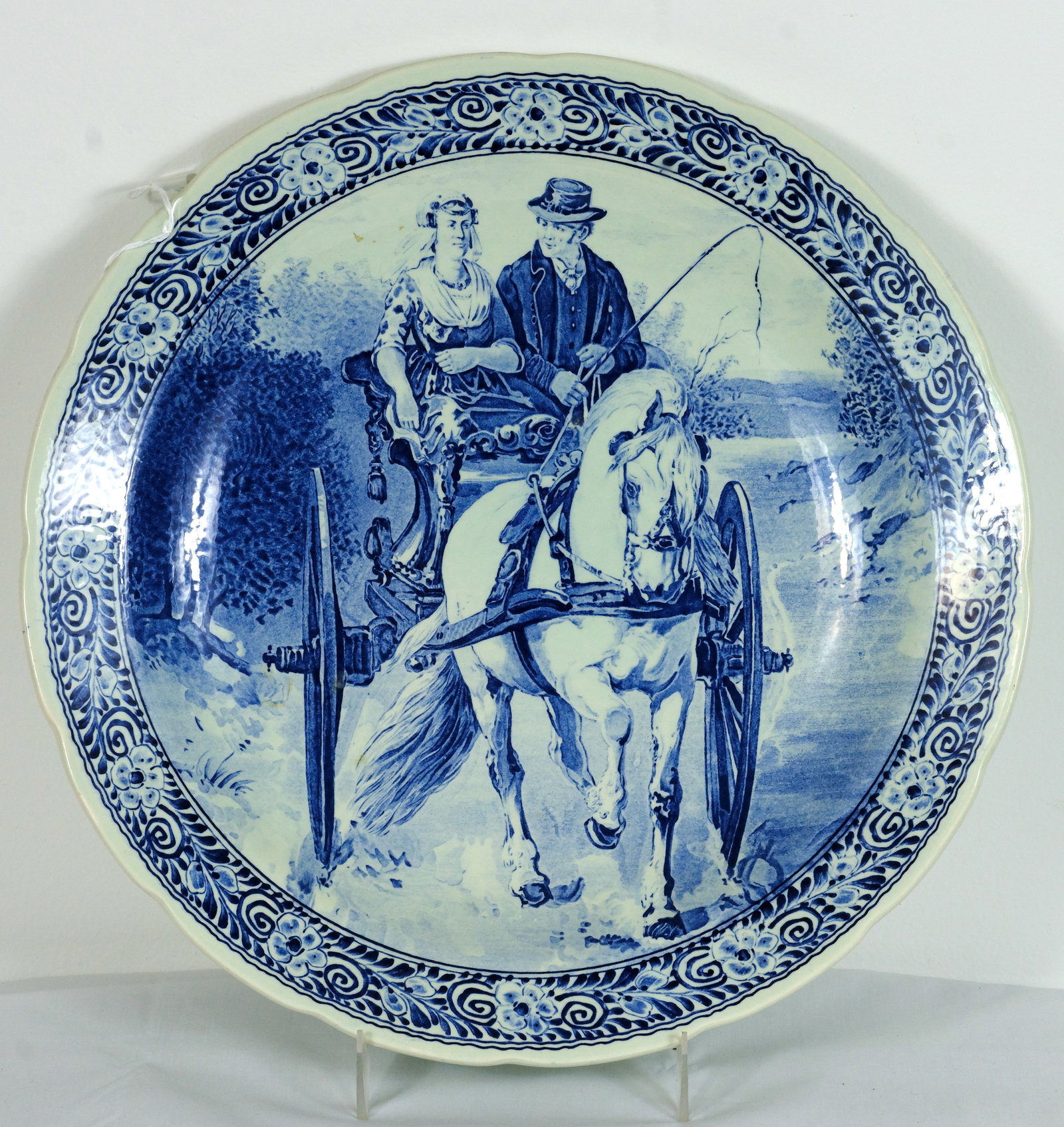 Round Delft platter: Round Delft platter, Couple in Horse drawn Carriage Diameter 15 1/2 in.