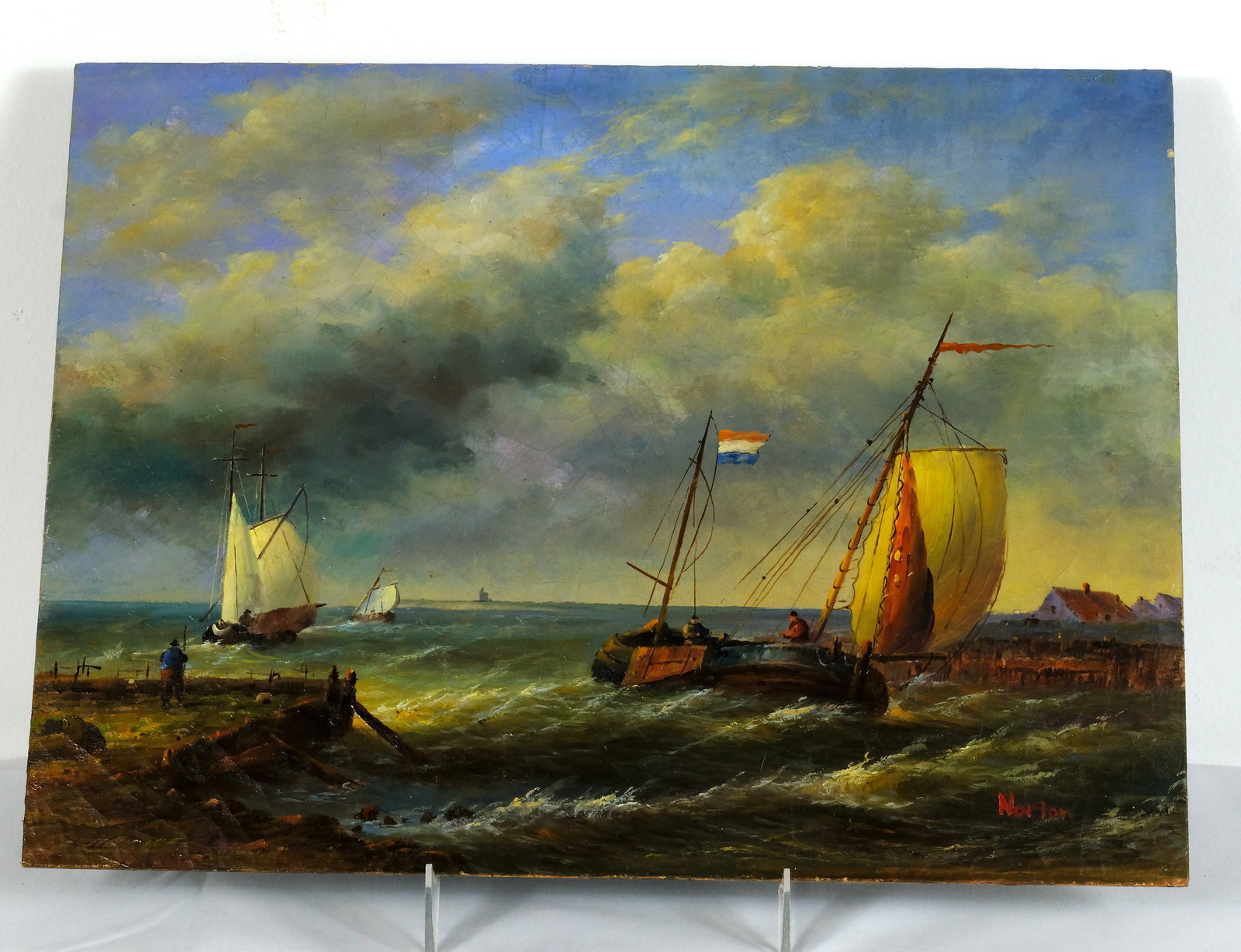William Edward Norton Painting 1843-1916 : Oil on wood panel, Seascape, harbor scene (beveled wood panel) H 12 x W 16 in.
