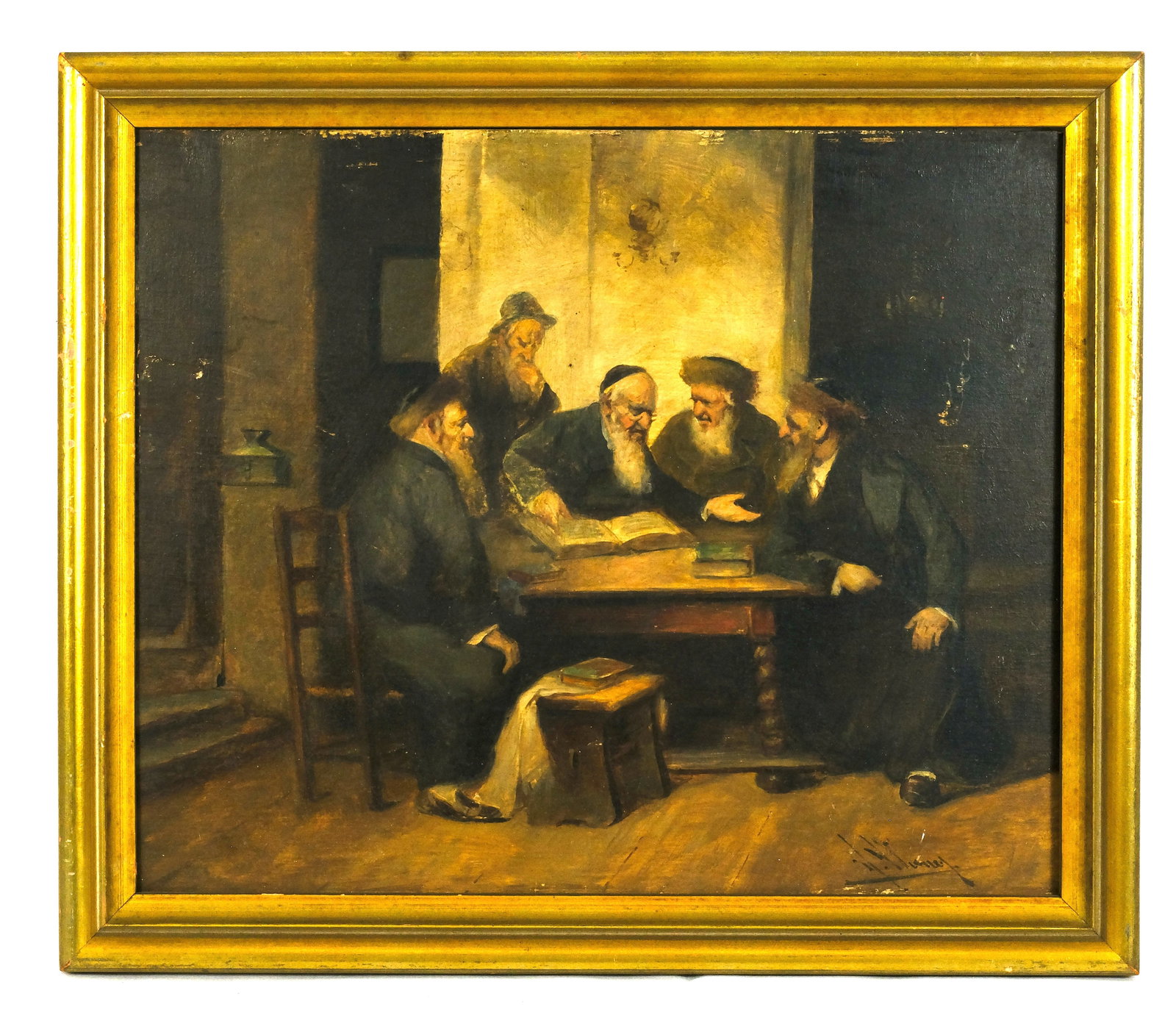 Judaica Painting Rabbis discussing the Talmud: Judaica Painting Rabbis discussing the Talmud H 10 1/8 x W 12 1/2 in (wood panel H 10 x W 12 (sight