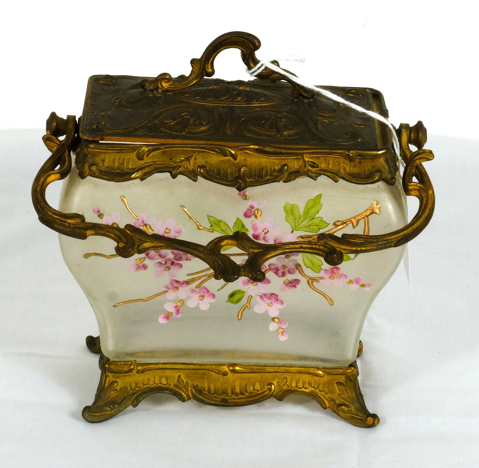 Napoleon the 3rd hand painted Crystal covered dish: Antique Bronze and hand painted Crystal floral dish with handle Cheryles H 7 (lid w/handle x W 6 1/8 in. (w-glass dish H 8 (w/bail handle) x W 6 7/8 (w-inc