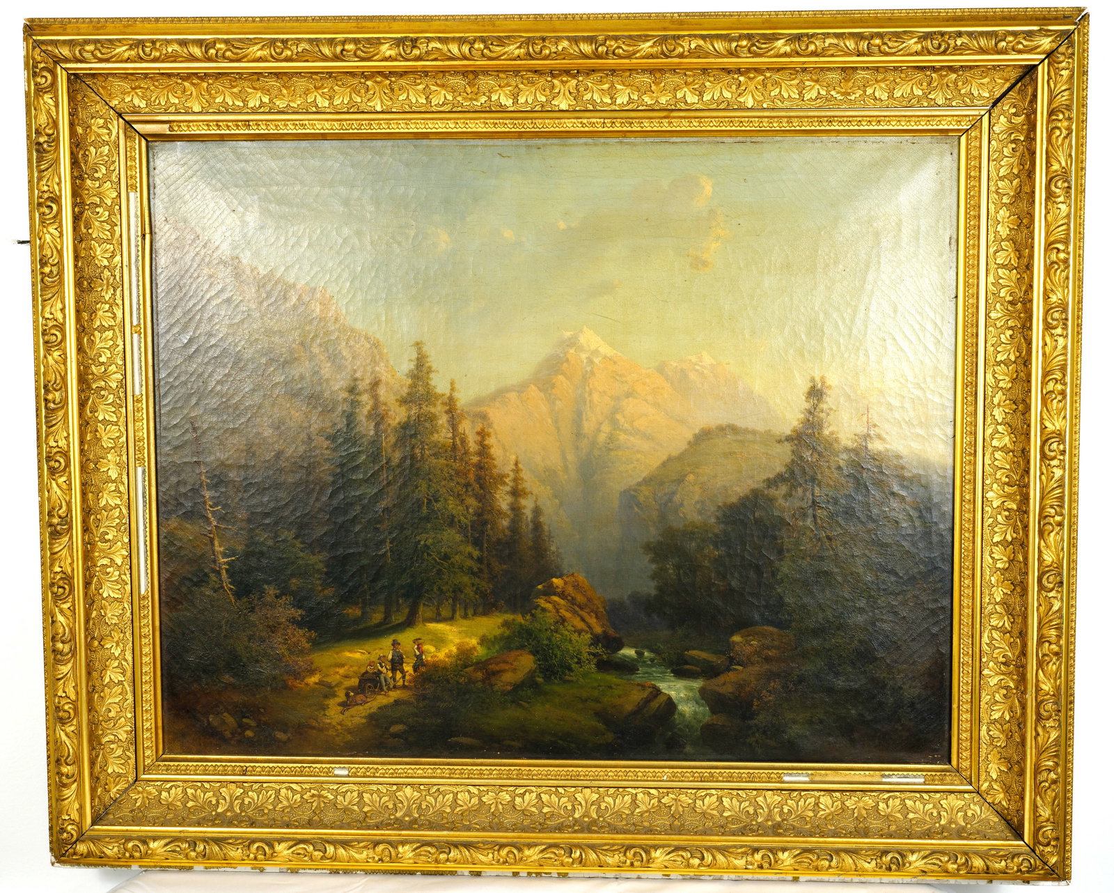 European landscape Painting: 19th century framed Oil on canvas European Alpine Valley landscape painting H 21 1/4 x W 27 1/4 in. (Stretcher size) H 20