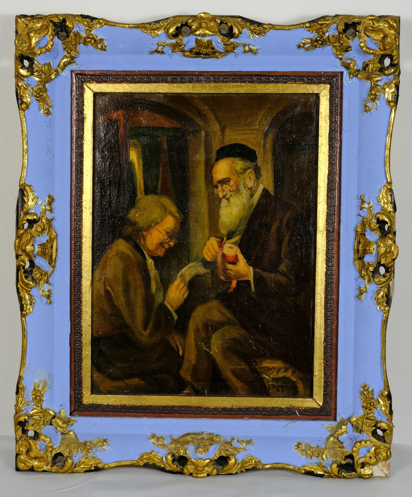 Oil on Canvas Judaica Painting: Judaica Painting of Rabbi and his wife H 15 5/8 x W 11 7/8 in. (Stretcher size) H 15
