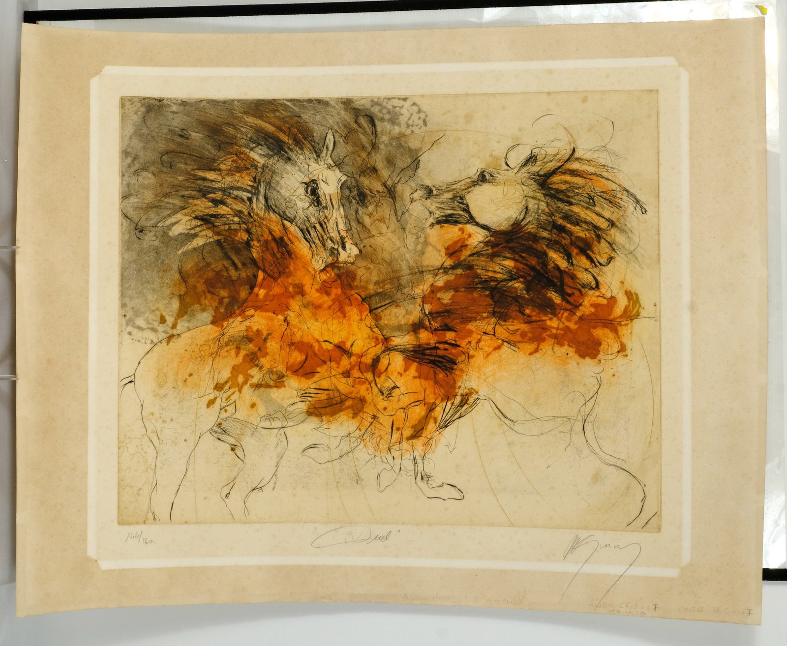 Jean Marie Guiny Lithograph: Numbered 144/160 Lithograph titled “Duel” H 22 x 28 1/2 in. (Sheet size) H 16 1/2 x W 20 3/4 in. (Plate mark)