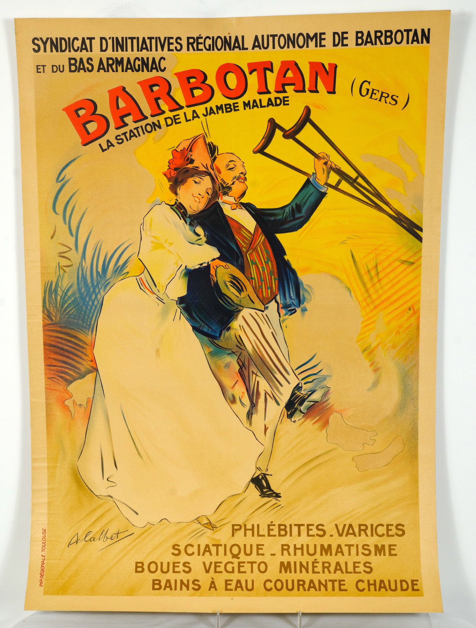 1920’s Barbotan Poster : 1920’s Poster Titled “Barbotan” Poster sheet is laid down on very thin board H 35 3/8 x W 24 7/8 in. (Sheet size) H 33