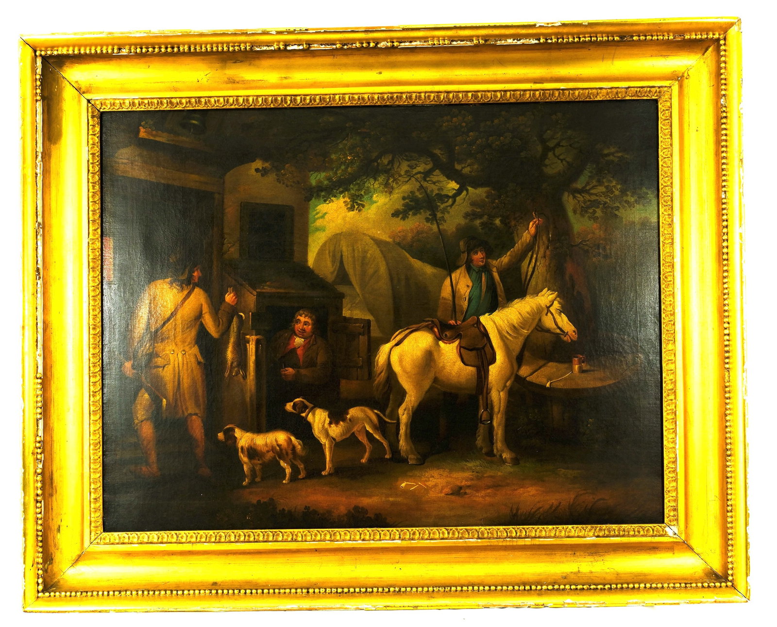 Attributed to George Morland (1763-1804) “The Sportsman Return” 19th Century English: Hunting scene Attributed to George Morland (1763-1804) “The Sportsman Return” H 24 1/4 x W 32 1/8 in. (Sight size H 32