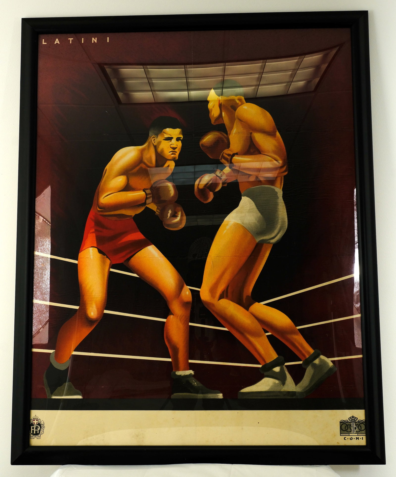 Latini Boxing Poster: Large Vintage Boxing Match poster Latini, Black frame H 45 1/2 x 35 1/2 in. (Sight size H 49 1/2 x W 39 1/2