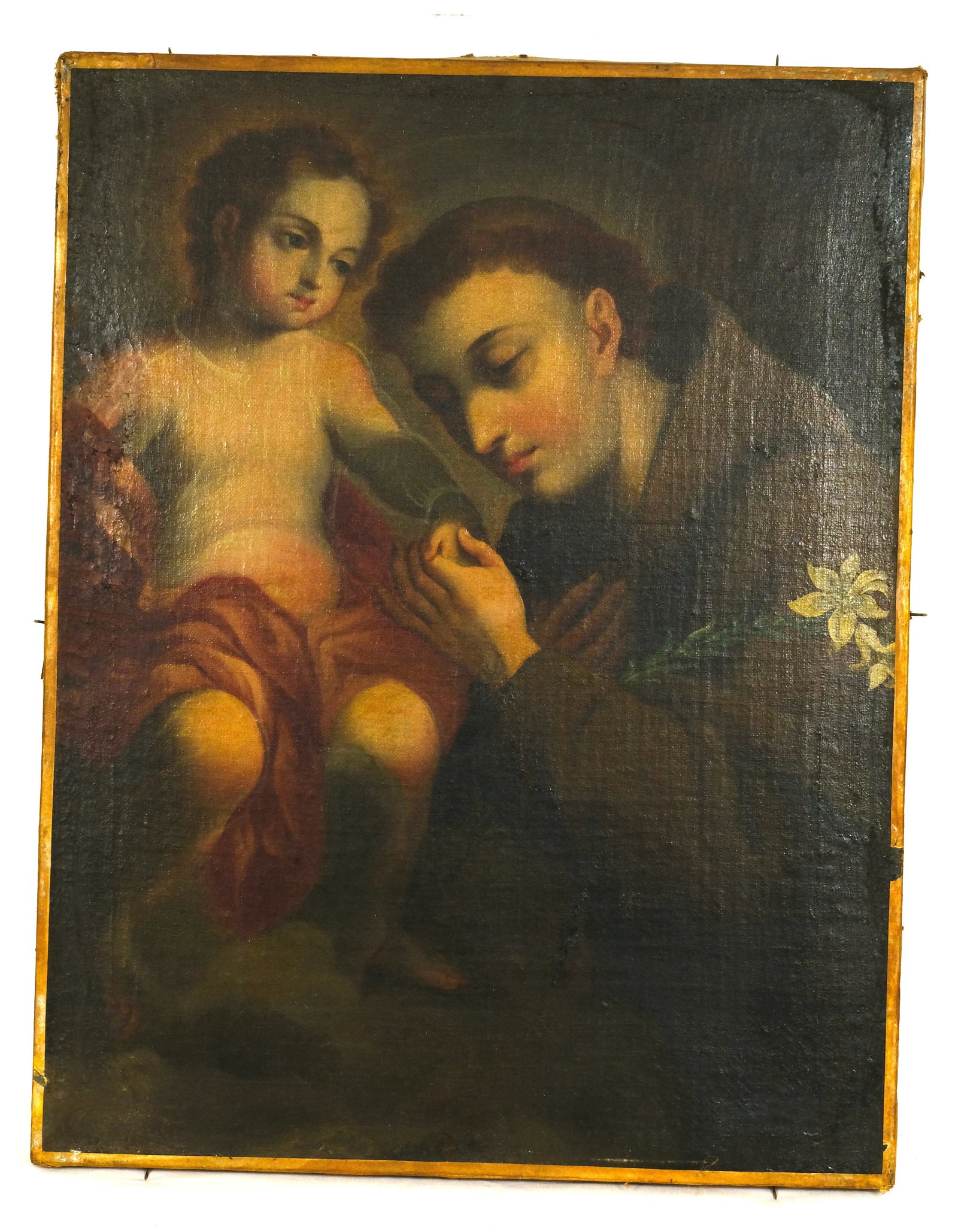 Antique Oil on Canvas Painting Saint Anthony of Padua with infant Jesus : Saint Anthony of Padua with infant Jesus 14 Inches Tall by 18 inches Wide