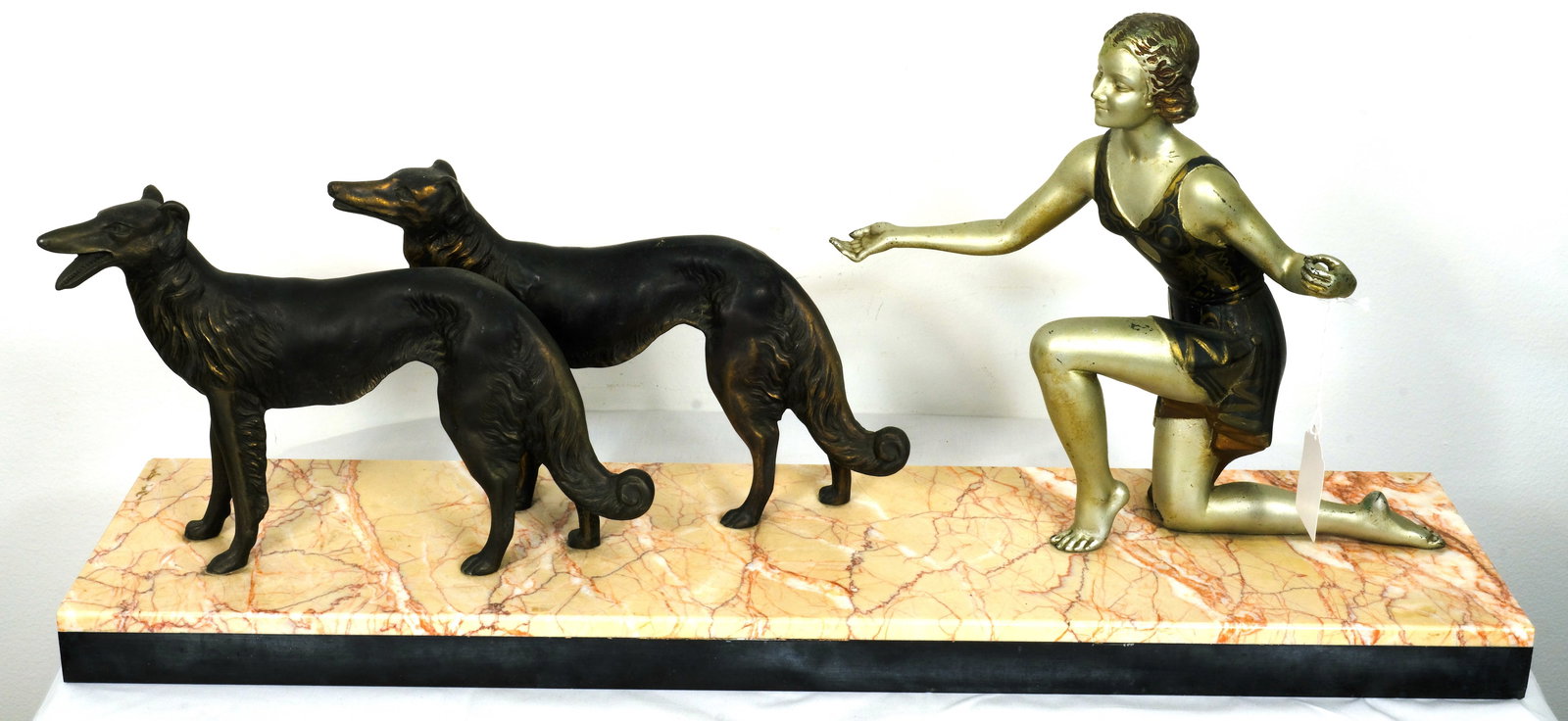 Bronze and Marble Art Nouveau Sculpture of Woman with dogs: Bronze and Marble Art Nouveau Sculpture of Woman with dogs (Beige color base) 27 1/2inches Long by 12 3/4 inches Tall by 6 3/8 inches deep