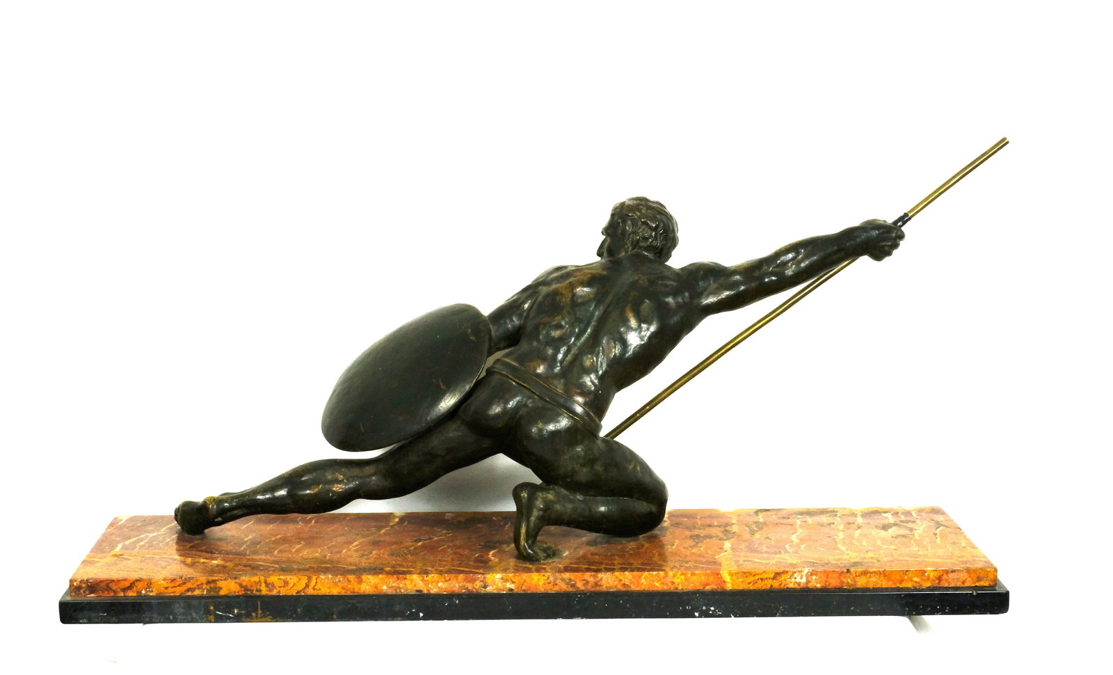 Bronze Salvatore Melani Art Deco Gladiator sculpture: Bronze Salvatore Melani Art Deco Gladiator sculpture with Marble base 35 inches Long by 16 1/2 inches high by 9 1/4 inches deep
