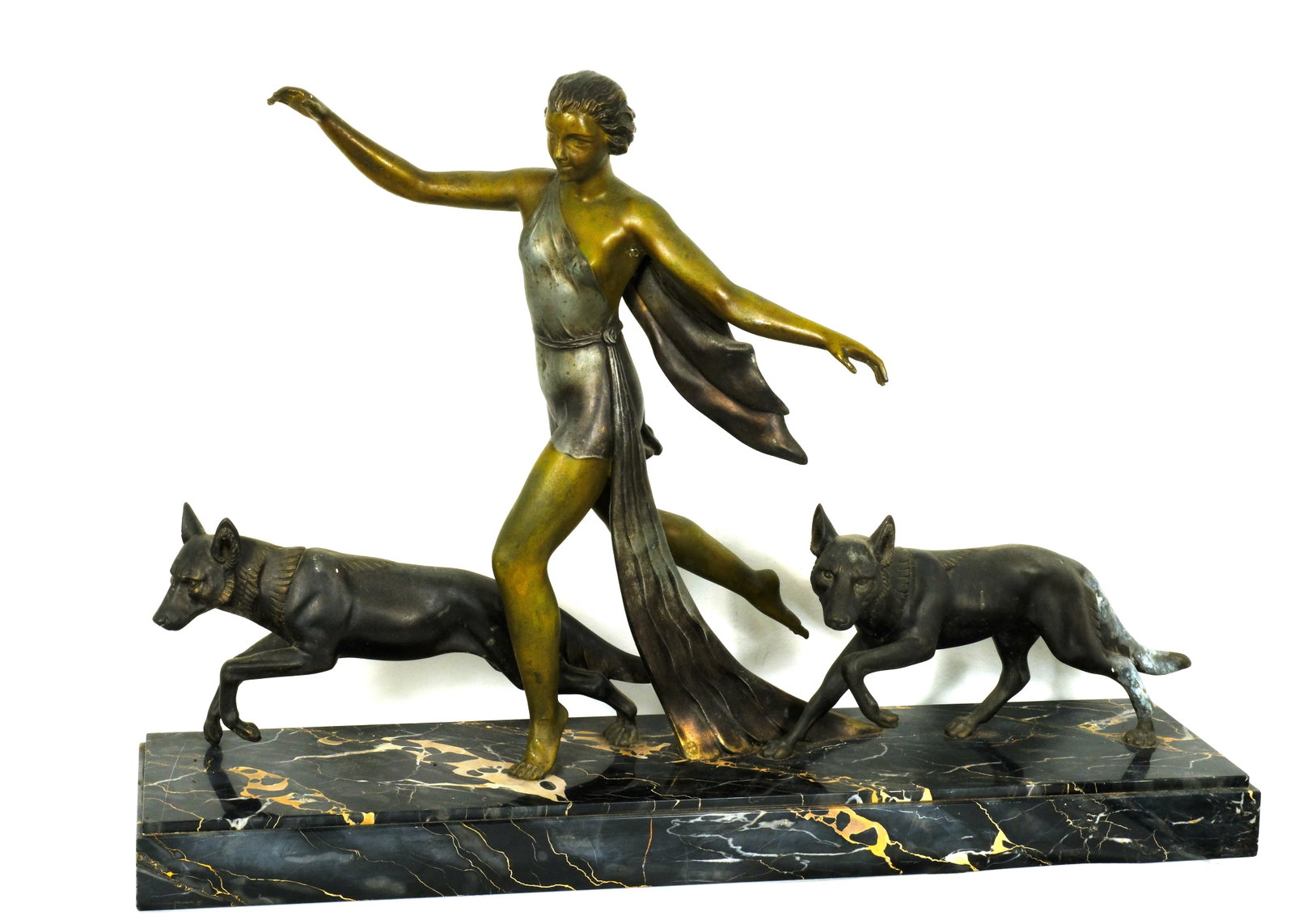 Bronze and Marble Art Nouveau Sculpture of Woman with dogs: Bronze and Marble Art Nouveau Sculpture of Woman with dogs (Black color marble base) 27 1/2inches Long by 12 3/4 inches Tall by 6 3/8 inches deep.