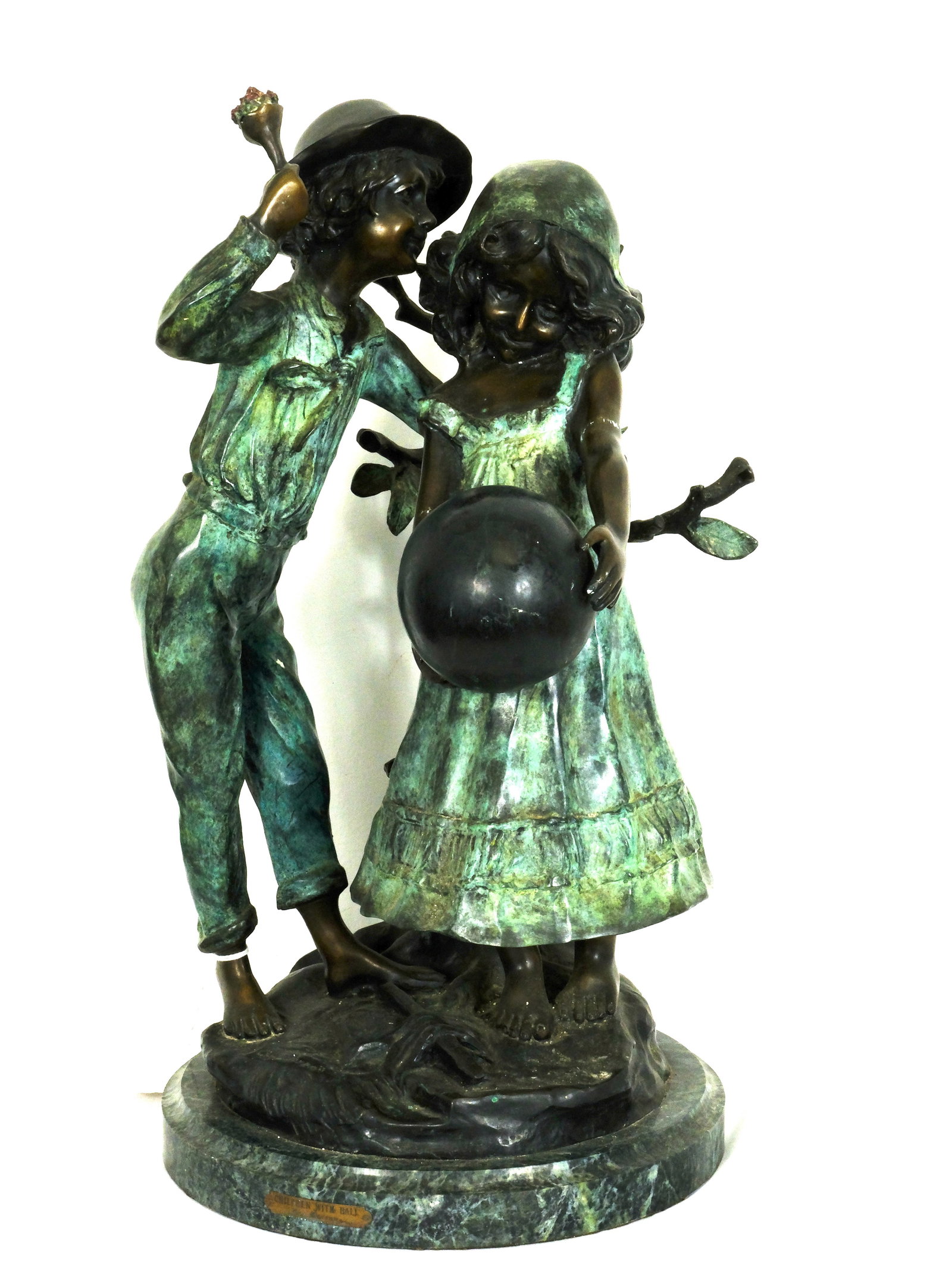Auguste Moreau Boy and Girl with Ball Bronze Sculpture: Auguste Moreau French 1834-1917 19 1/2 inches Tall by 11 inches wide by 11 inches deep