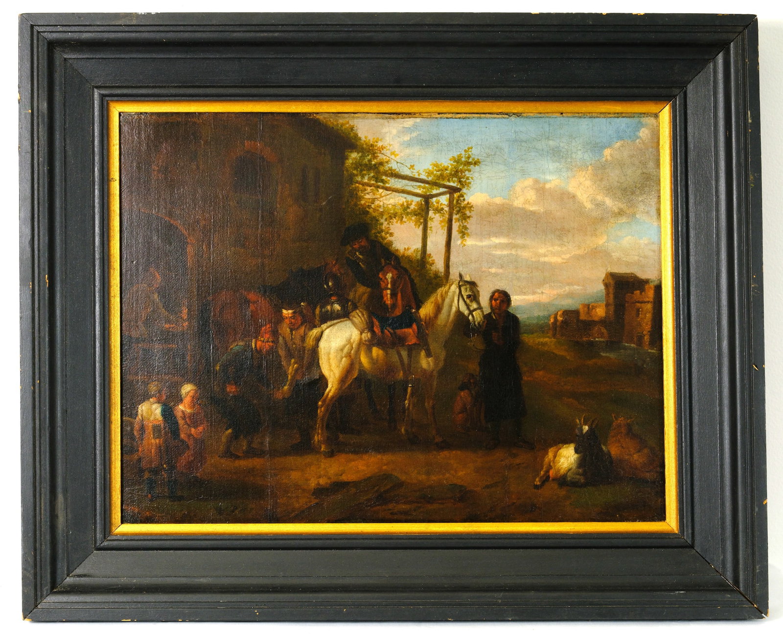 Stop of a Traveler (European School) Painting: Oil on Canvas Antique Painting (European School) Stop of a traveler On Horse back Painting 13 3/8 inches long by 11 1/8 inches Tall by 1 3/4 inch deep