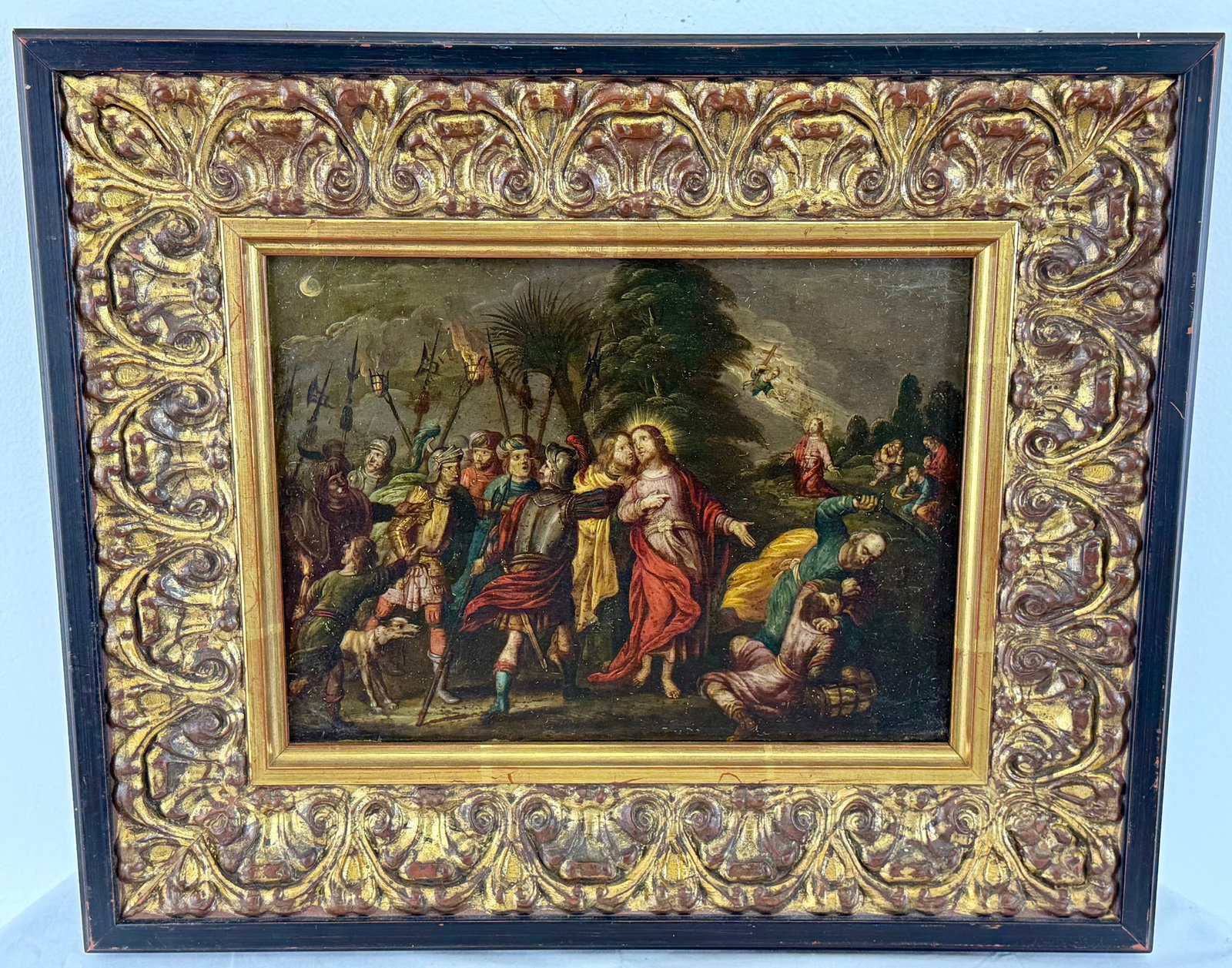 Oil on Copper painting "The Betrayal of Christ" 17th century Flemish or Italian school: Oil on Copper Painting glued on wooden panel titled The Betrayal of Christ 17th century Finish school with wooden frame 23 inches Long by 19 inches Tall by 2 1/2 inches deep