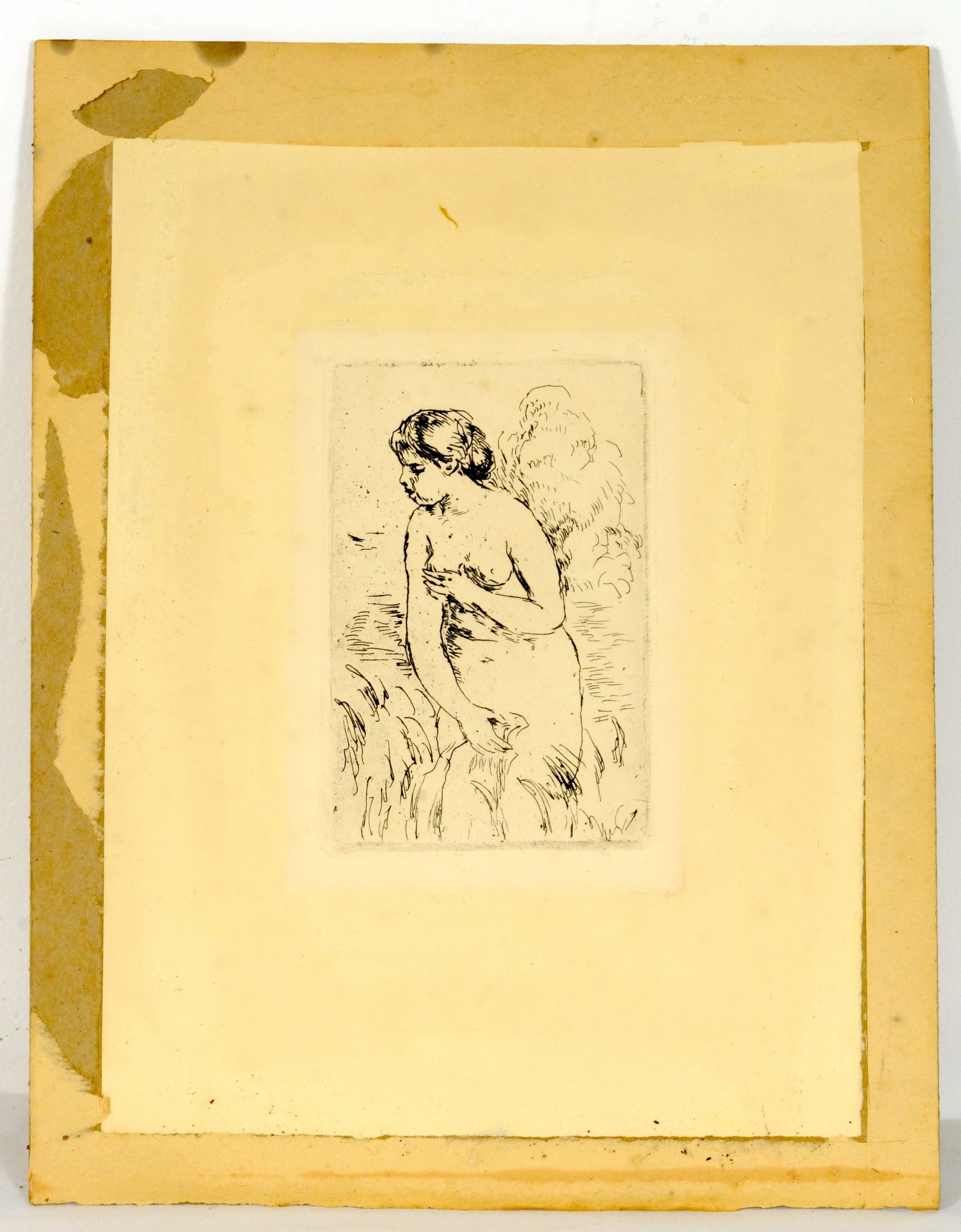 Pierre Auguste Renoir (1841-1919) Etching: 1910 Pierre Auguste Renoir etching titled Baigneuse debout Standing Bather (etching is glued on backing) 6 1/2 inches by 4 1/2 inches