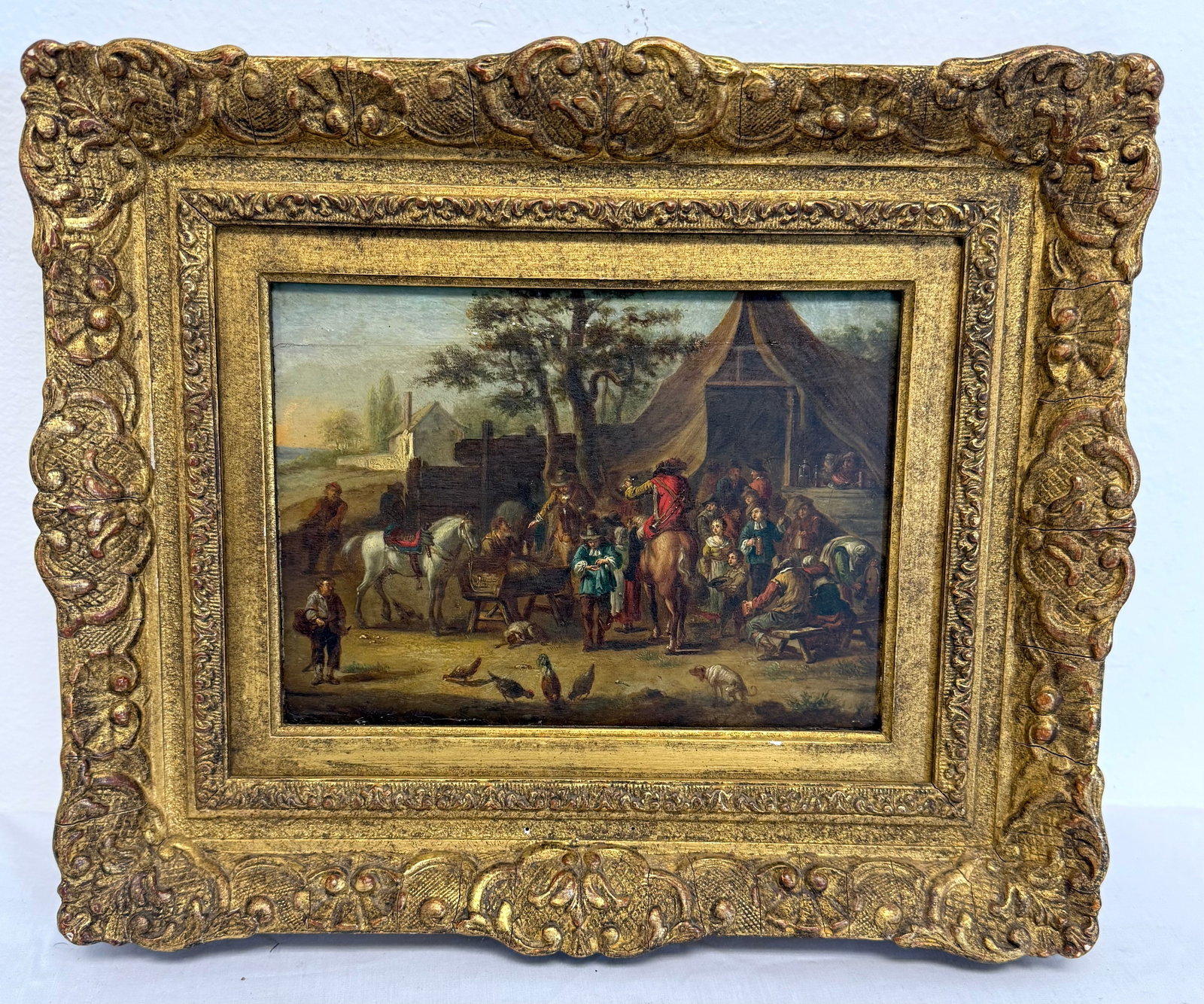 17th century Flemish or Dutch school painting: Oil on wood panel 17 century Flemish or Dutch school. painting is. 8 1/4 inches by 6 1/2 inches. It is 13 1/2 inches by 11 1/4 inches with the frame