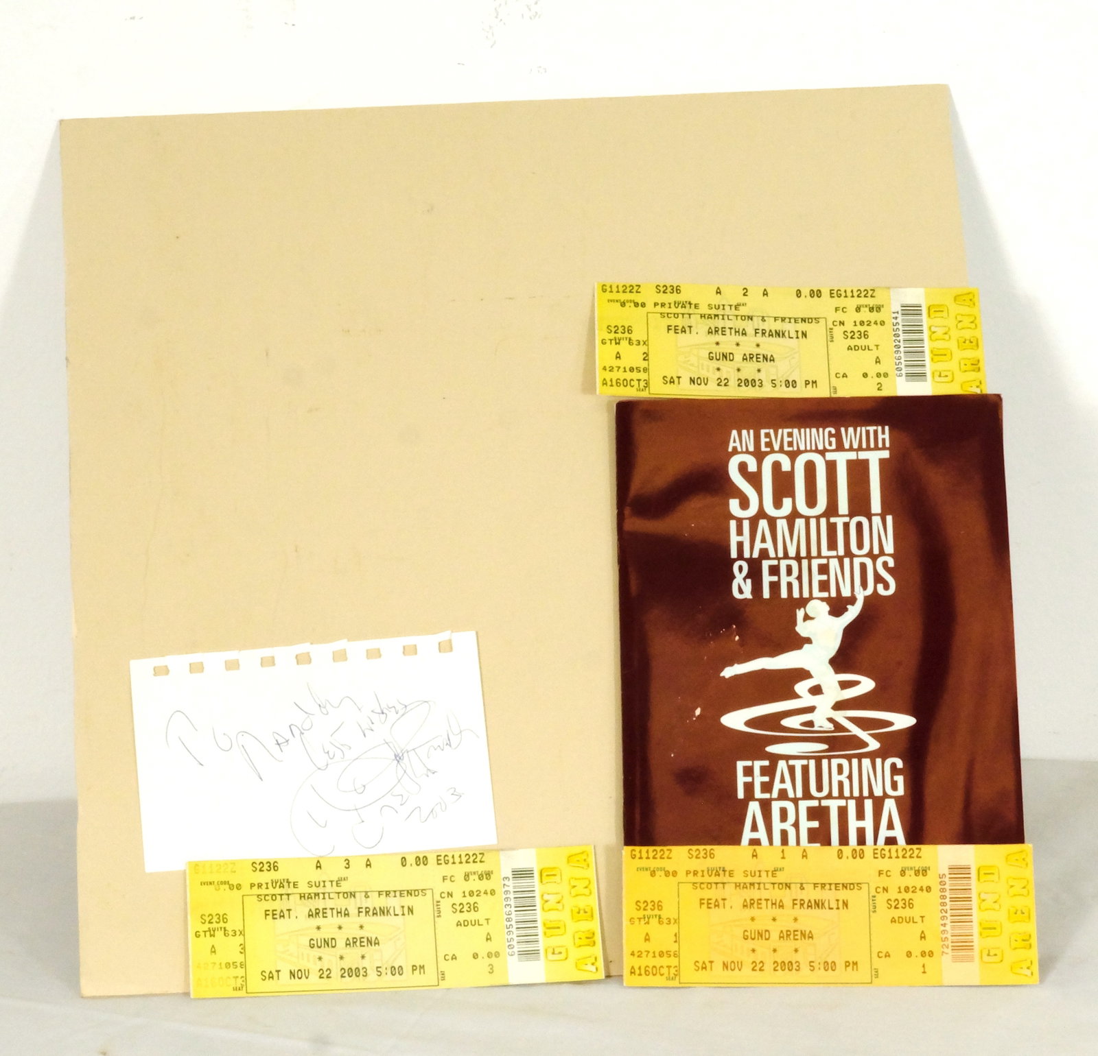 2003 Aretha Franklin memorabilia Set of three used concert tickets, program and Signature (1 of 2)
