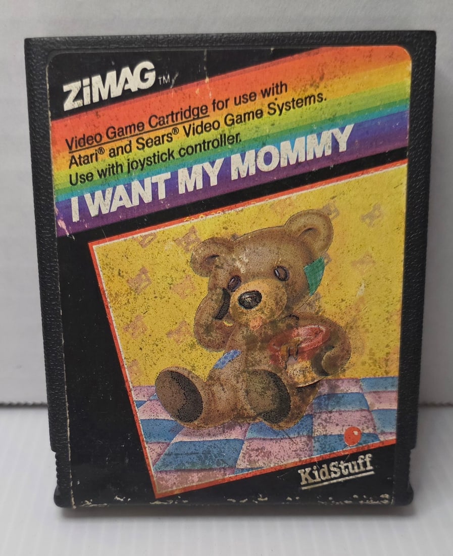 Atari 2600 I Want My Mommy (Zimag): Rare Zimag Kid Stuff cartridge. Visible label wear. Sold as collectible vintage game; functionality not guaranteed.