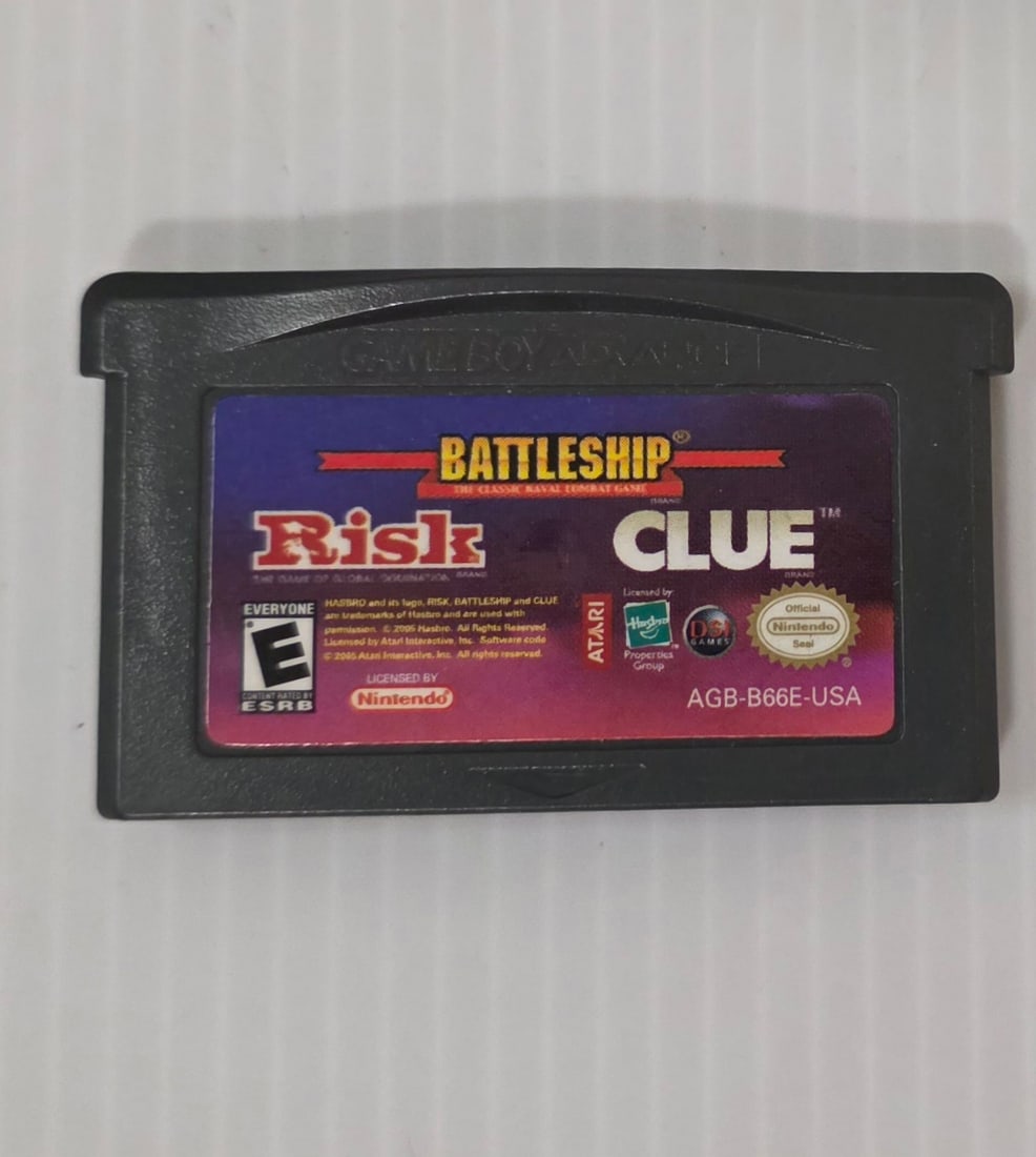 Nintendo Game Boy Advance Battleship Risk Clue GBA Cartridge: Nintendo Game Boy Advance game cartridge: Battleship, Risk, and Clue compilation. Loose cartridge only. Condition is shown in the photos. This preowned item shows wear consistent with age and use. Con