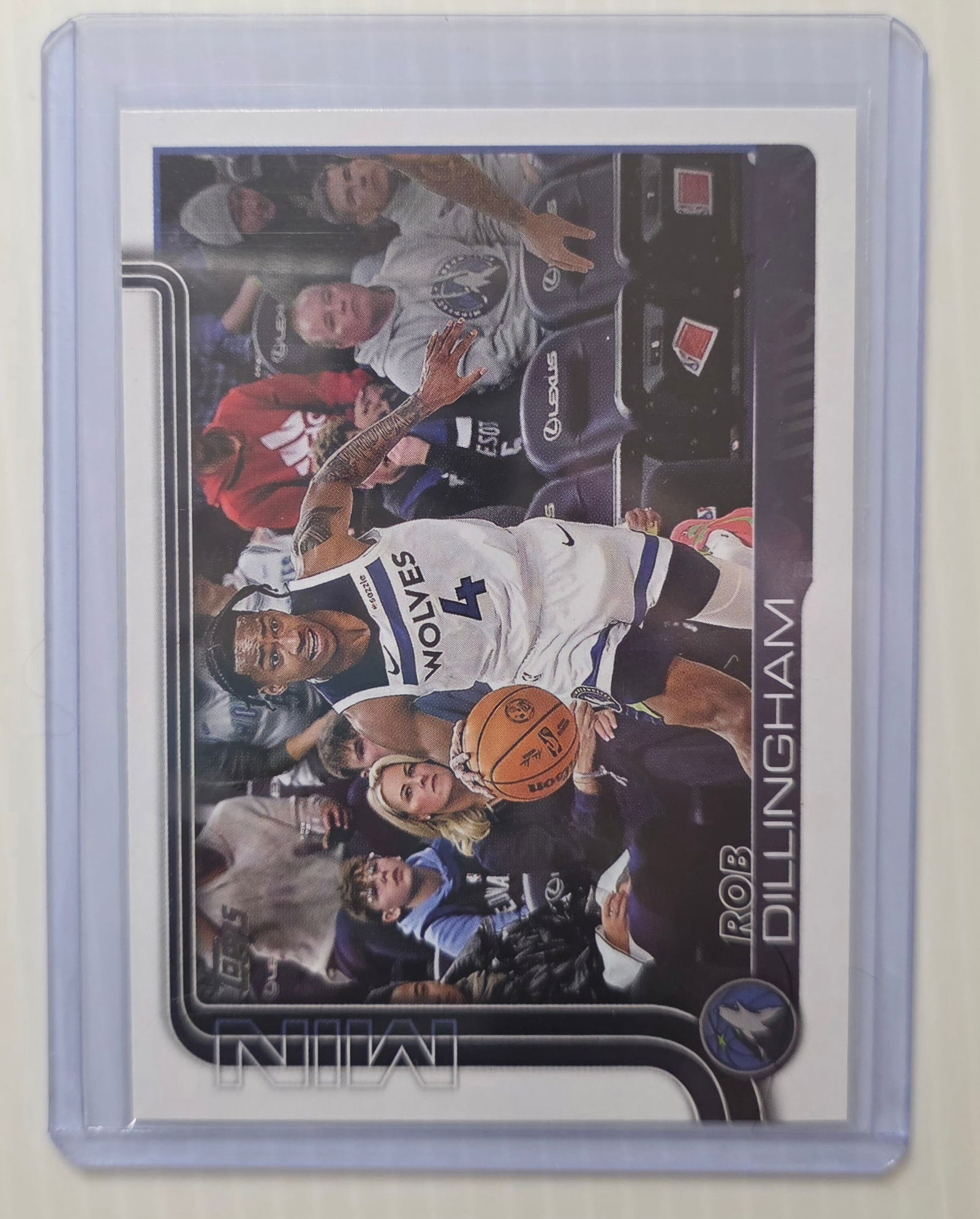 2025 Topps Flagship Rob Dillingham #114 Minnesota Timberwolves Rookie Card RC: This is a 2025 Topps Flagship Rob Dillingham #114 Minnesota Timberwolves Rookie Card featuring the RC designation, not graded, shown in a protective sleeve/top loader, with condition based on visual i