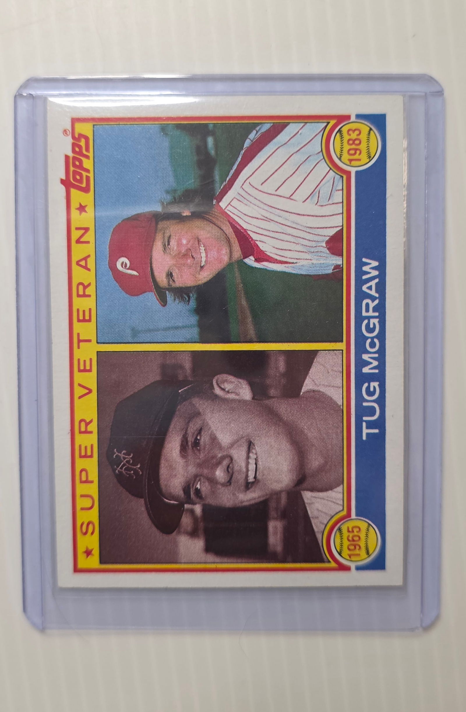 1983 Topps Super Veteran Tug McGraw / Jerry Koosman Dual Baseball Card: 1983 Topps Super Veteran Tug McGraw (Philadelphia Phillies) and Jerry Koosman (New York Mets) dual player baseball card. Card shows light corner wear and surface wear consistent with age. Not graded.