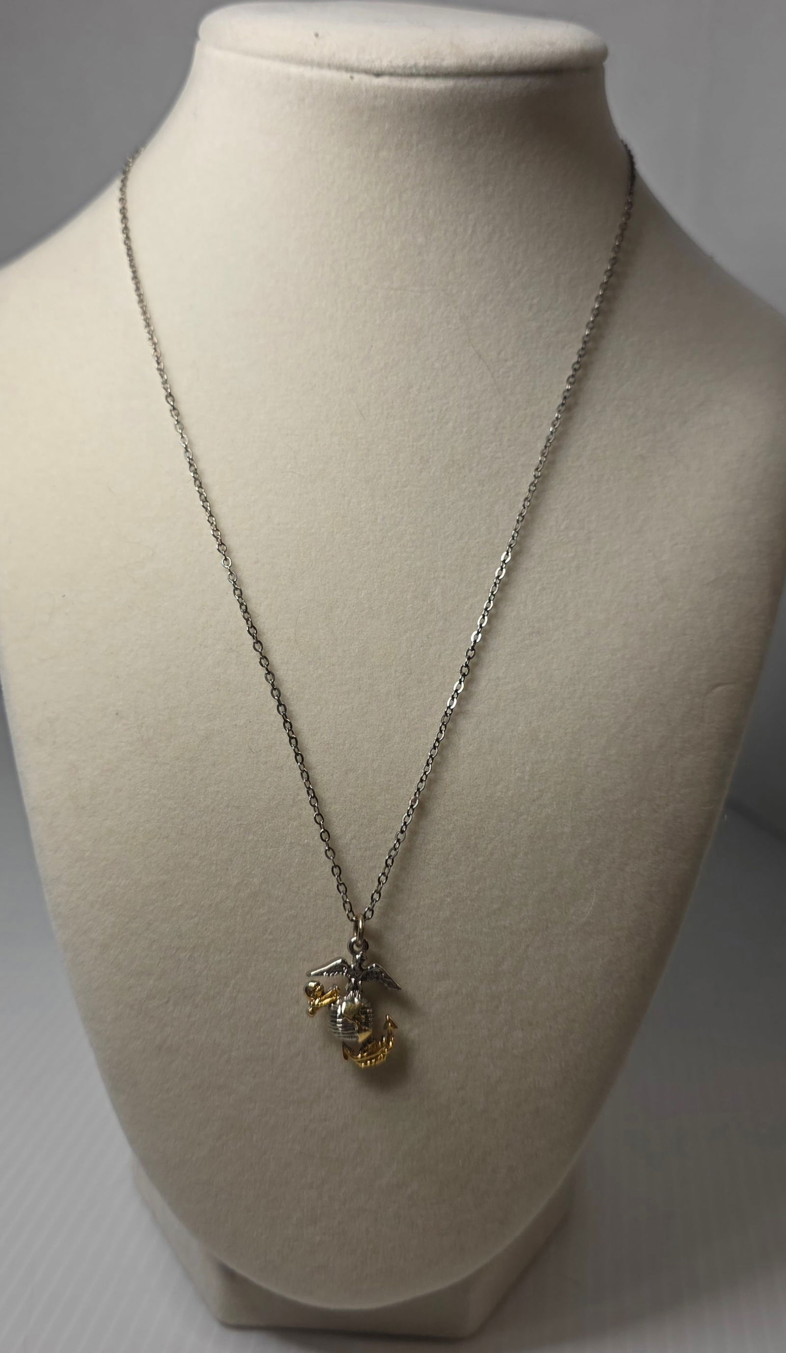 Military Eagle Globe Anchor Pendant Necklace Two Tone Silver Gold Tone Unmarked: Military themed pendant necklace featuring eagle, globe, and anchor design in two tone silver and gold tone finish. Pendant is non-magnetic under testing. Chain is magnetic. No visible metal markings