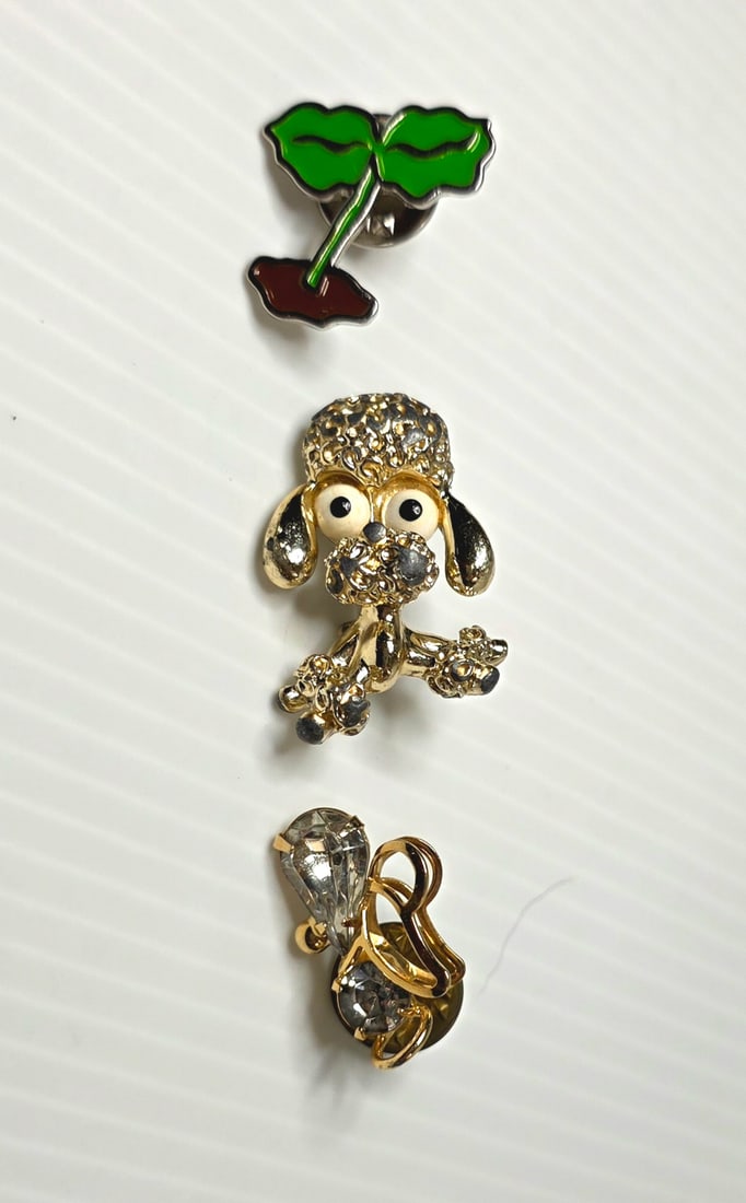 Vintage Gerry’s Poodle Brooch, Lot 3 Gold Tone Enamel Rhinestone Pins, Dog Angel Floral (1 of 10)
