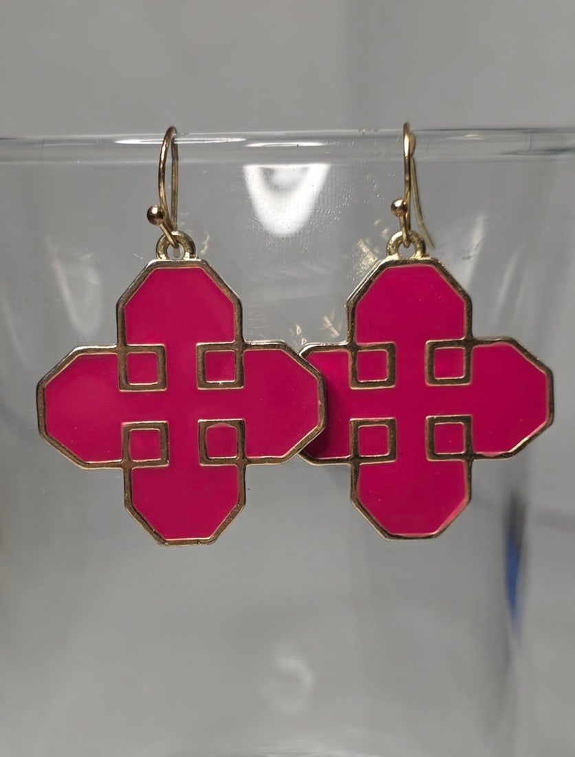 Bright Pink Enamel Geometric Dangle Earrings Gold Tone Double Sided (1 of 7)