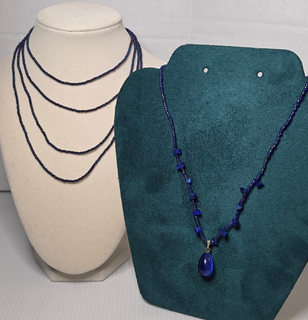 Set of 2 Blue Beaded Necklaces Long Layering Wrap Style Pendant (1 of 9)
